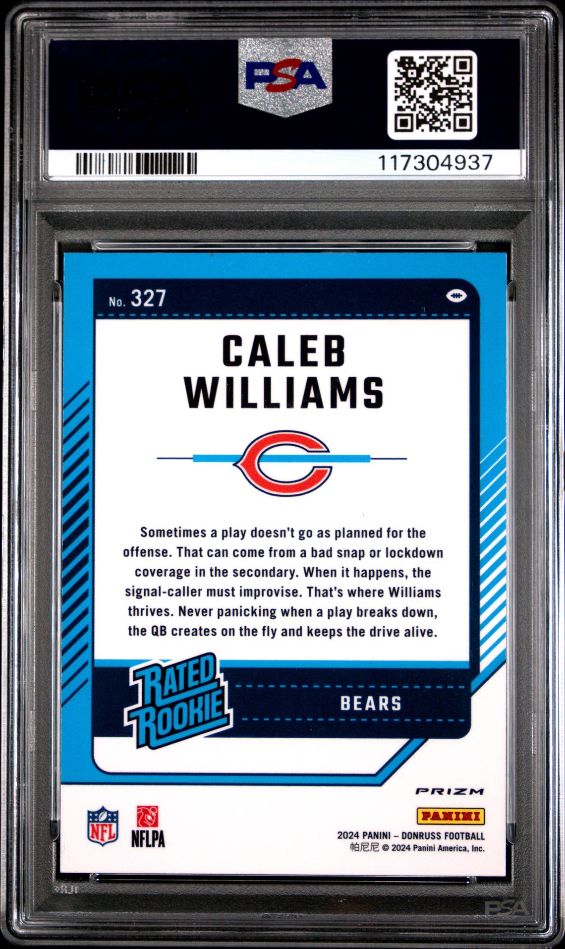 2024 Panini Donruss Caleb Williams #327 (Optic Preview-Red & Green) Mint 9 back
