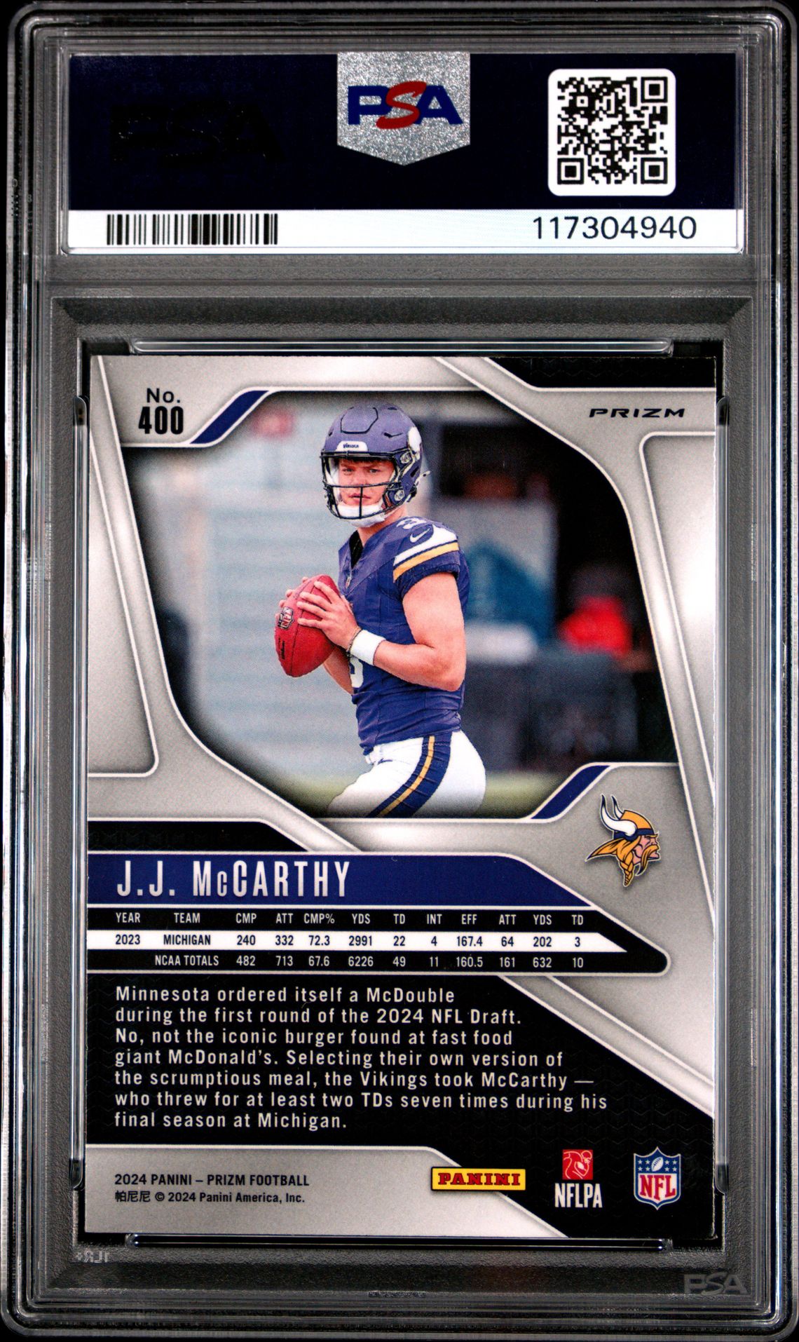 2024 Panini Prizm Jj Mccarthy #400 (Lazer Prizm) Mint 9 back