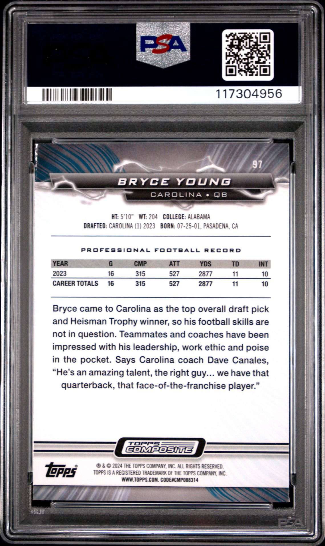 2023 Topps Composite Bryce Young #97 (Blue And Orange Spark) Gem Mt 10 back