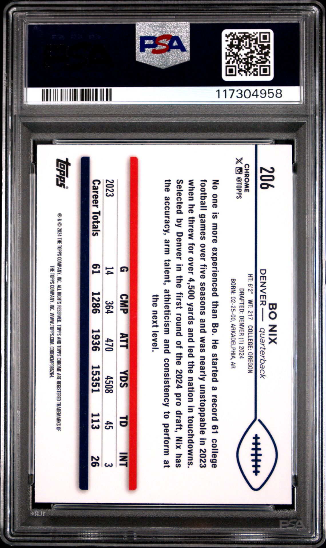 2024 Topps Chrome Bo Nix #206 (X-Fractor) Gem Mt 10 back