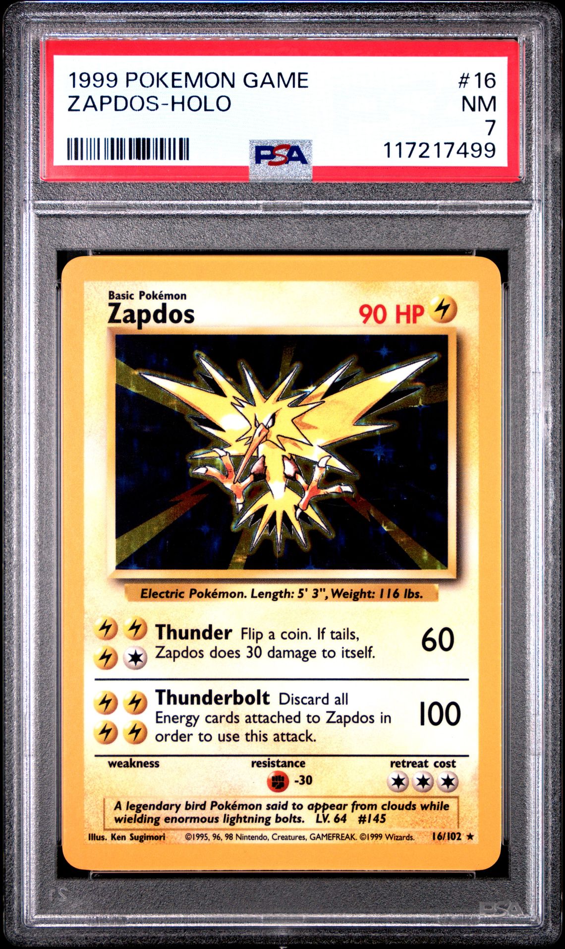 1999 Pokemon Game Zapdos-Holo #16 Nm 7 front