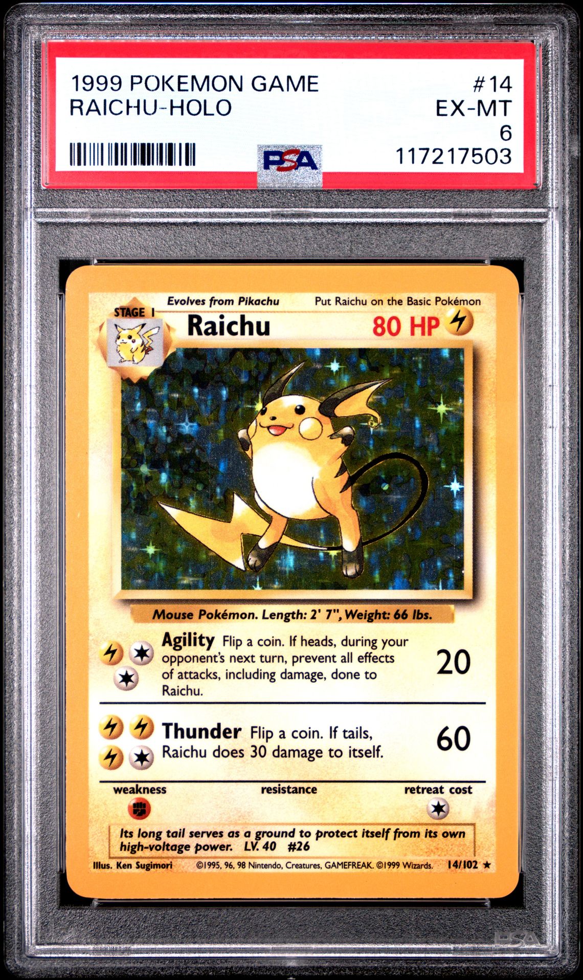 1999 Pokemon Game Raichu-Holo #14 Ex-Mt 6 front