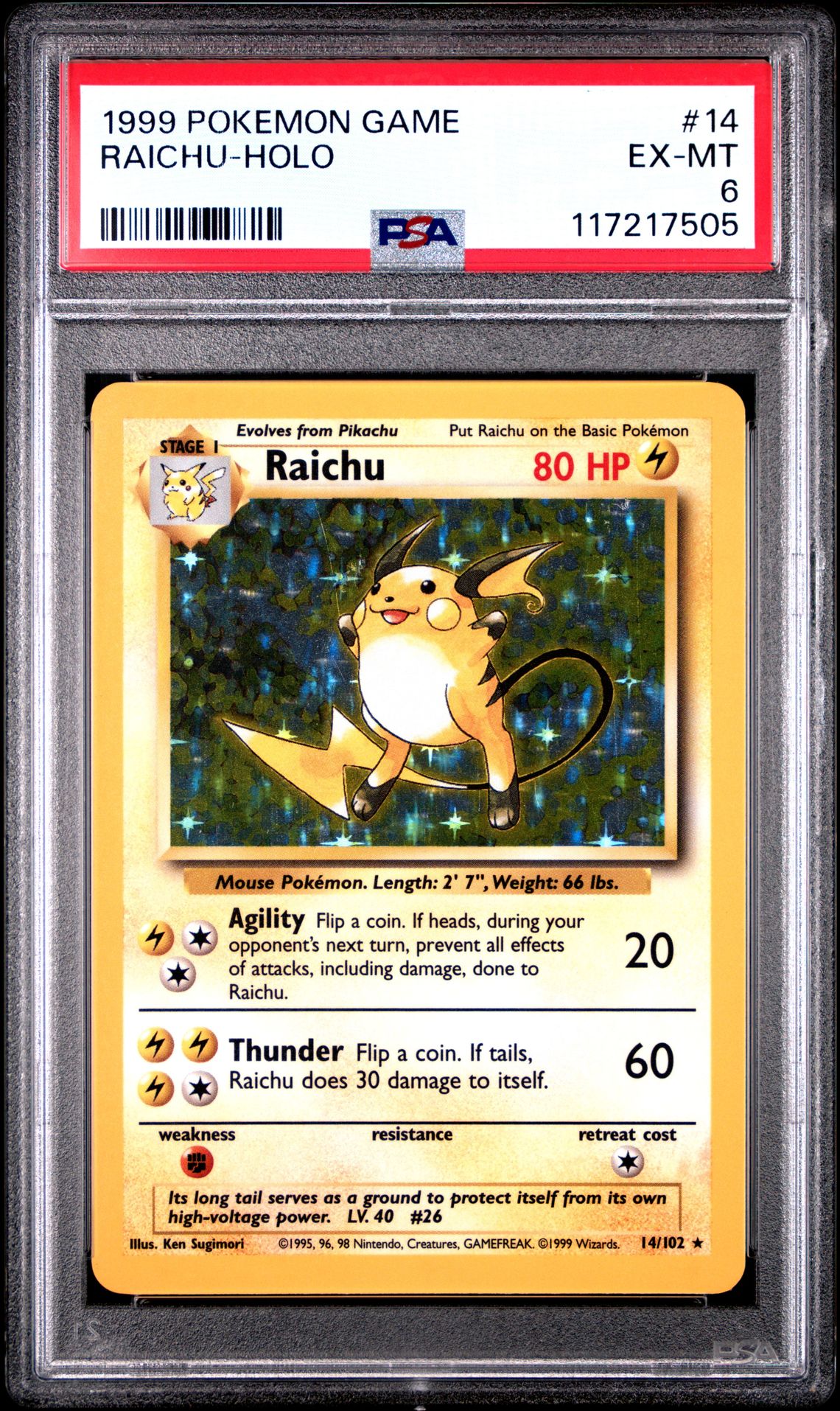 1999 Pokemon Game Raichu-Holo #14 Ex-Mt 6 front