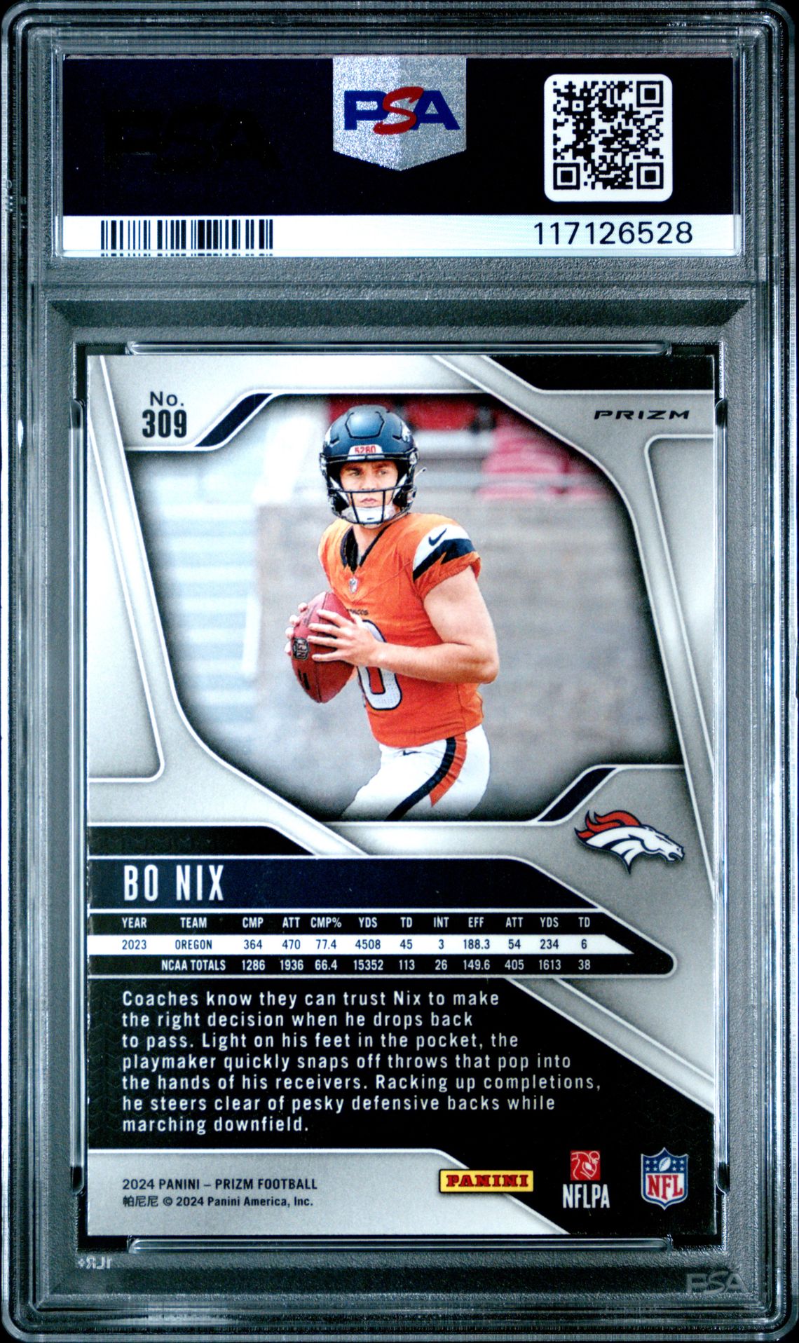 2024 Panini Prizm Bo Nix #309 (Orange Ice) Gem Mt 10 back