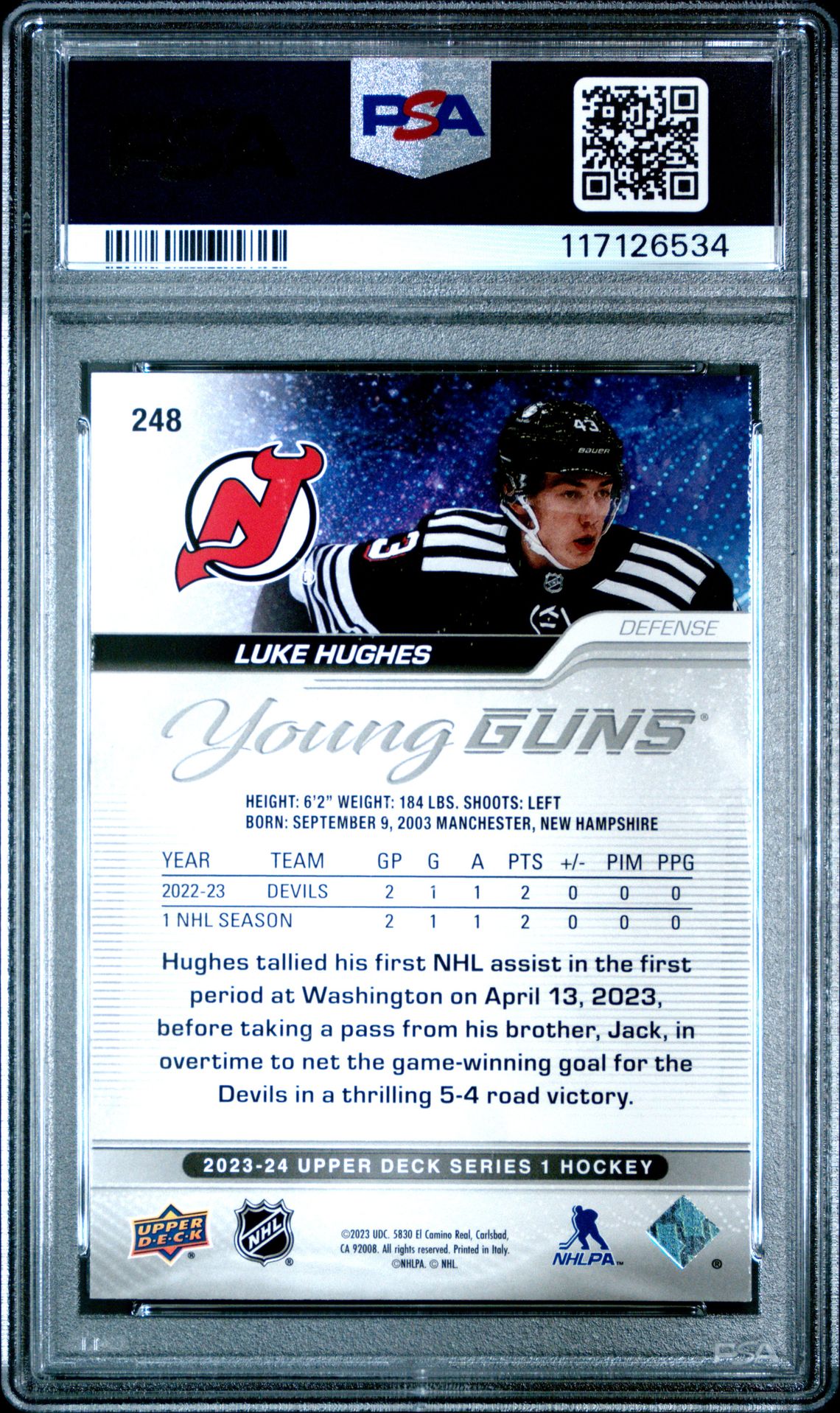 2023 Upper Deck Luke Hughes #248 Gem Mt 10 back