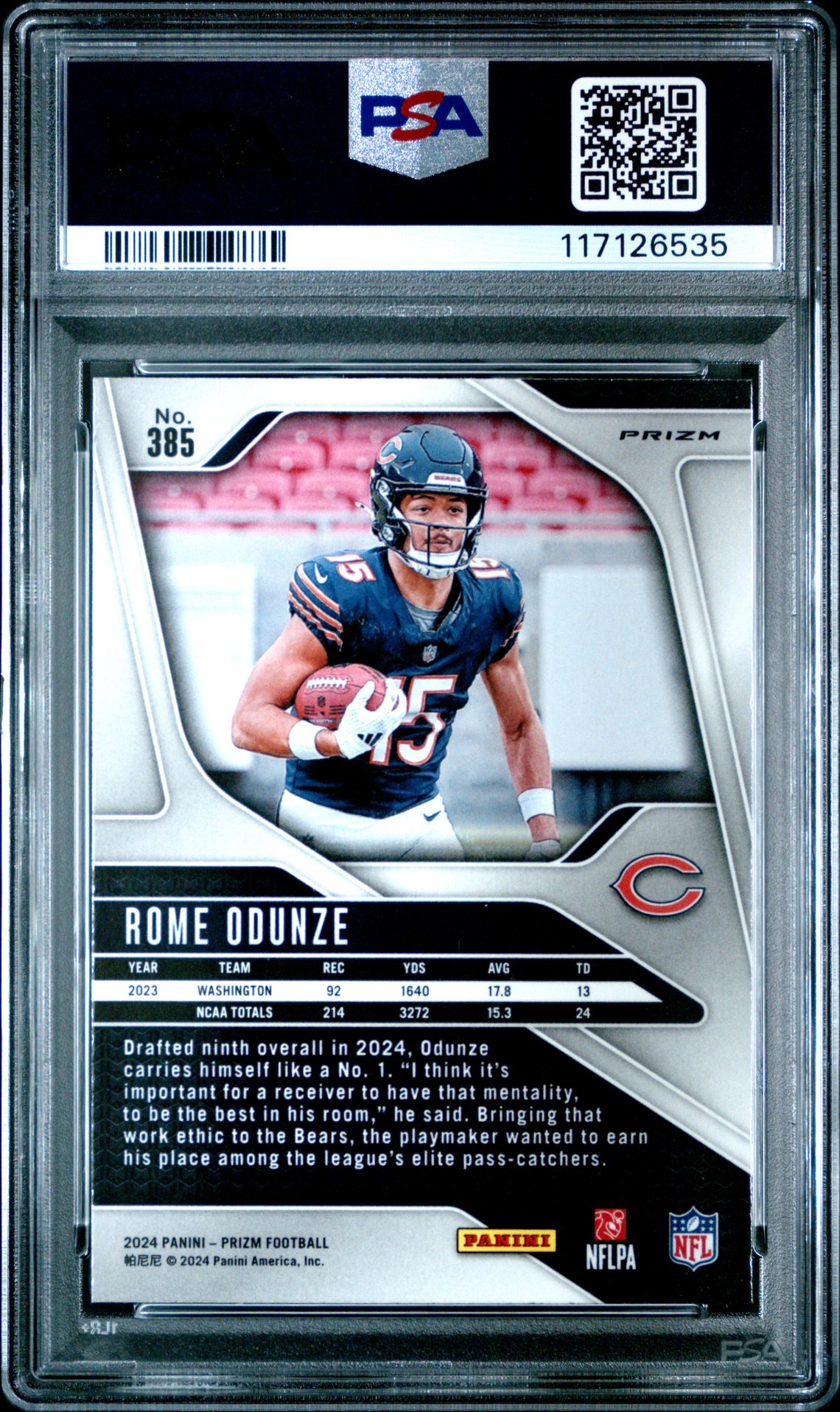 2024 Panini Prizm Rome Odunze #385 (Silver Prizm) Gem Mt 10 back