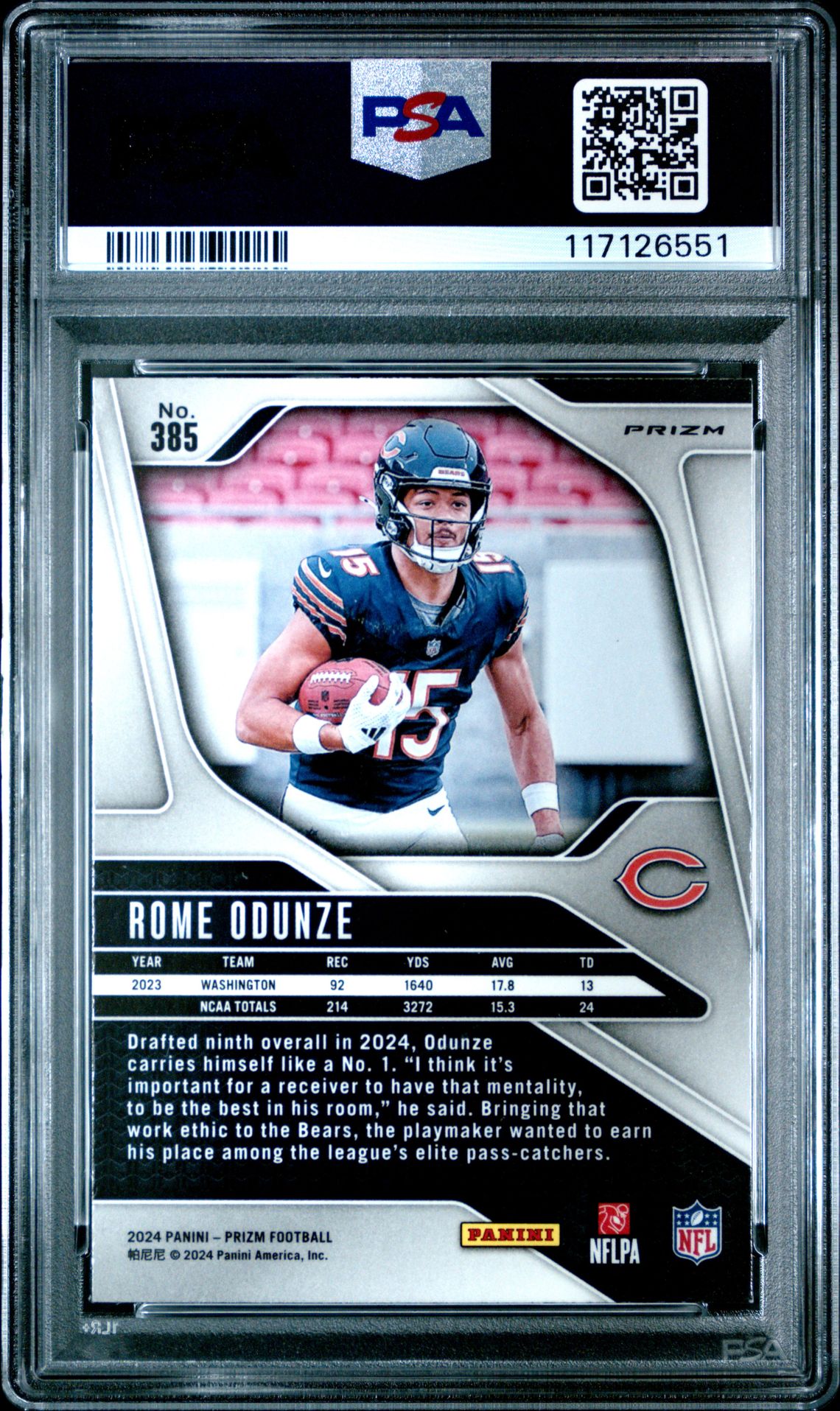 2024 Panini Prizm Rome Odunze #385 (Silver Prizm) Mint 9 back