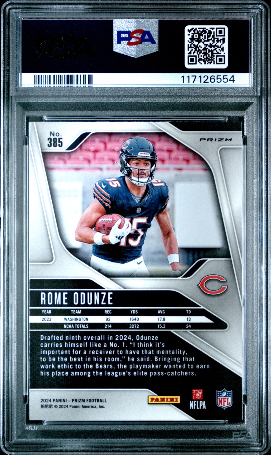 2024 Panini Prizm Rome Odunze #385 (Silver Prizm) Gem Mt 10 back