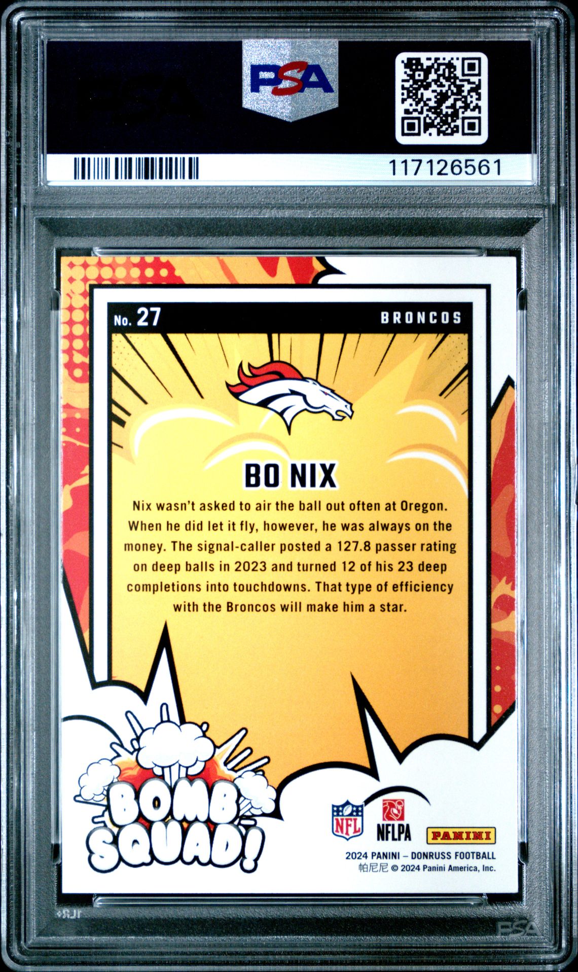 2024 Panini Donruss Bomb Squad Bo Nix #27 Gem Mt 10 back