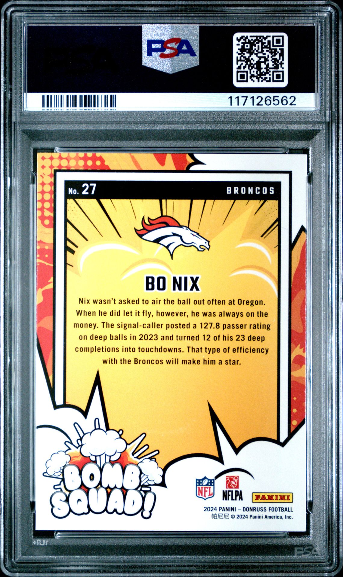 2024 Panini Donruss Bomb Squad Bo Nix #27 Gem Mt 10 back