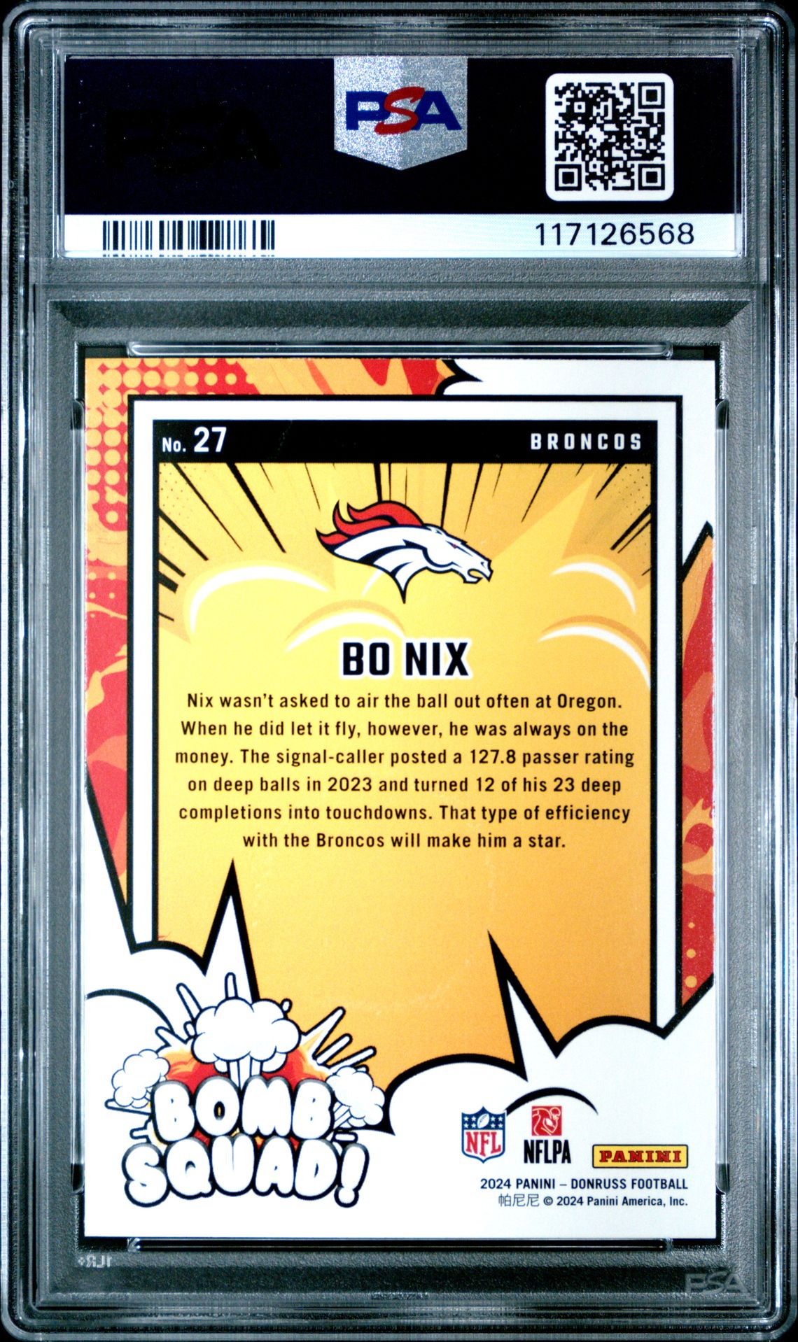 2024 Panini Donruss Bomb Squad Bo Nix #27 Gem Mt 10 back