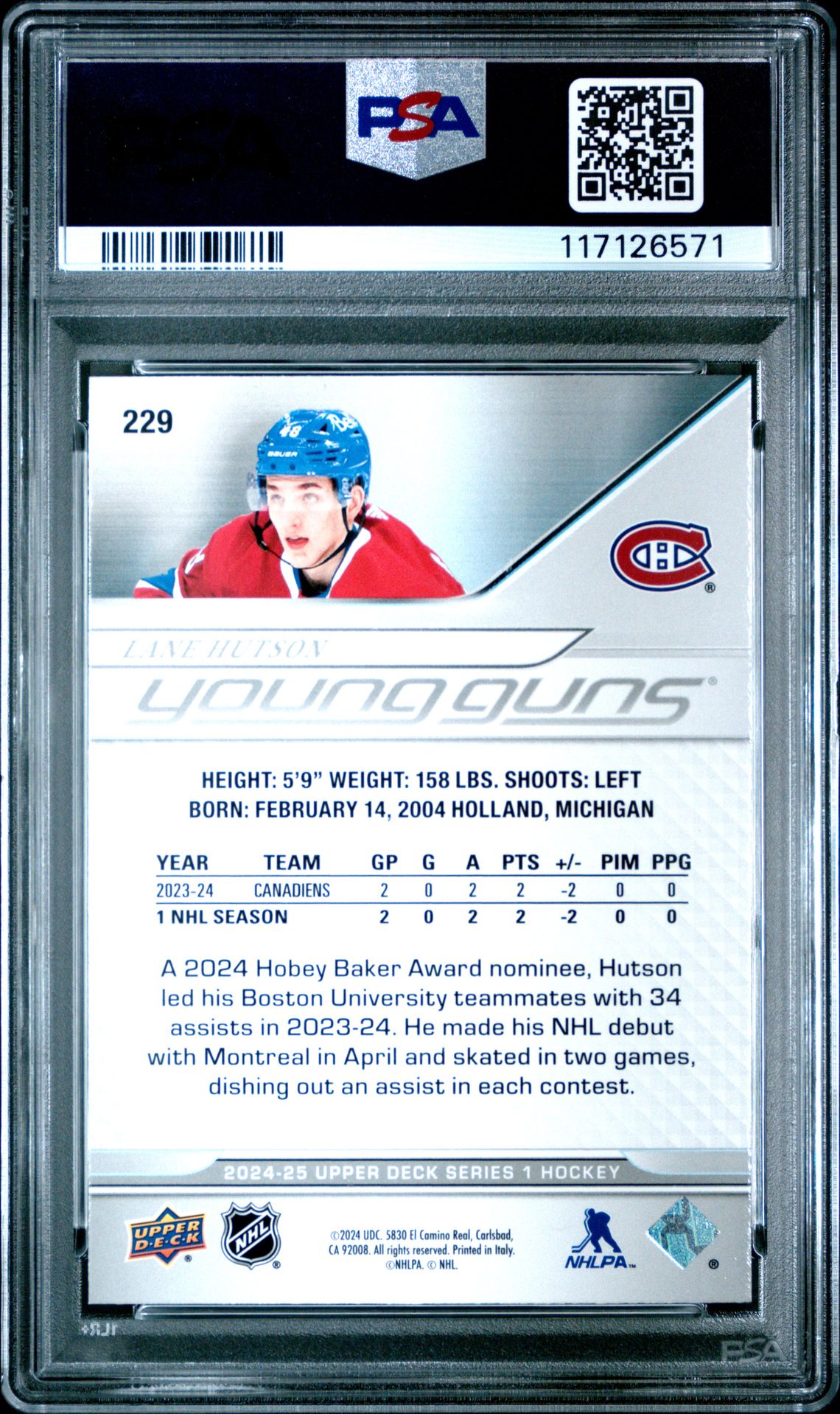 2024 Upper Deck Lane Hutson #229 Gem Mt 10 back