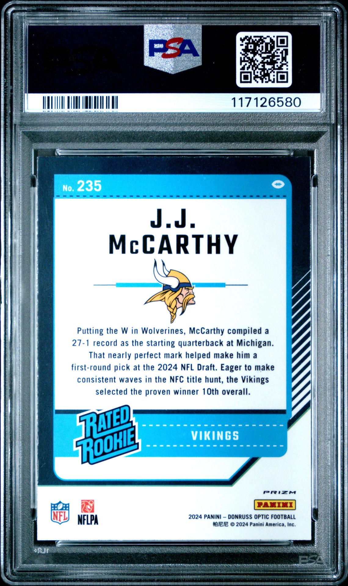 2024 Panini Donruss Optic Jj Mccarthy #235 (Purple Shock) Gem Mt 10 back