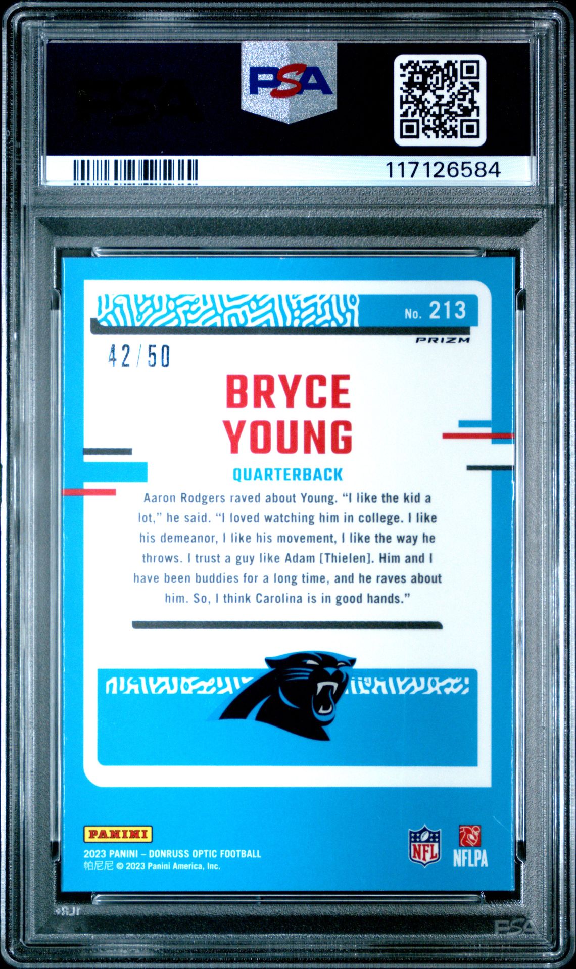 2023 Panini Donruss Optic Bryce Young #213 (Purple) Gem Mt 10 back