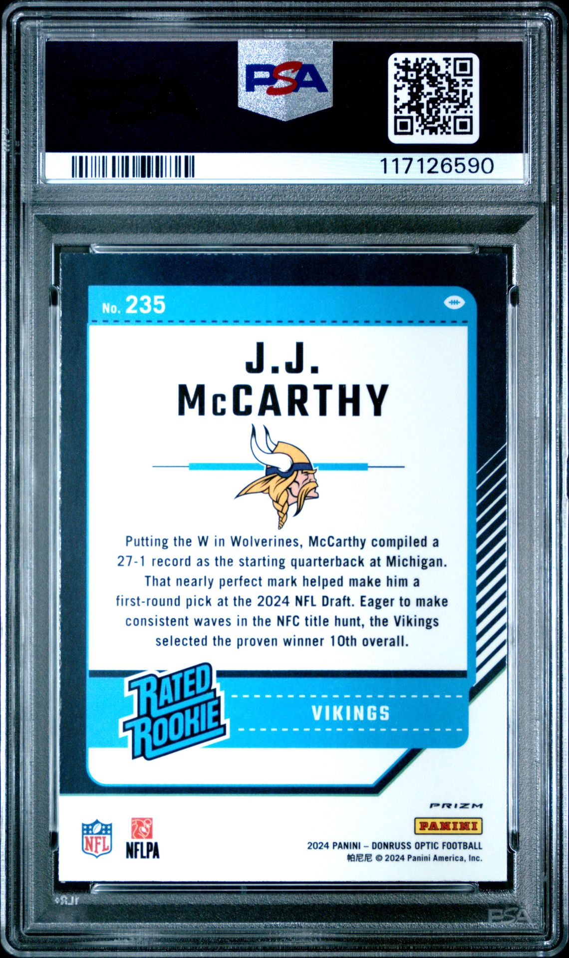 2024 Panini Donruss Optic Jj Mccarthy #235 (Holo) Gem Mt 10 back