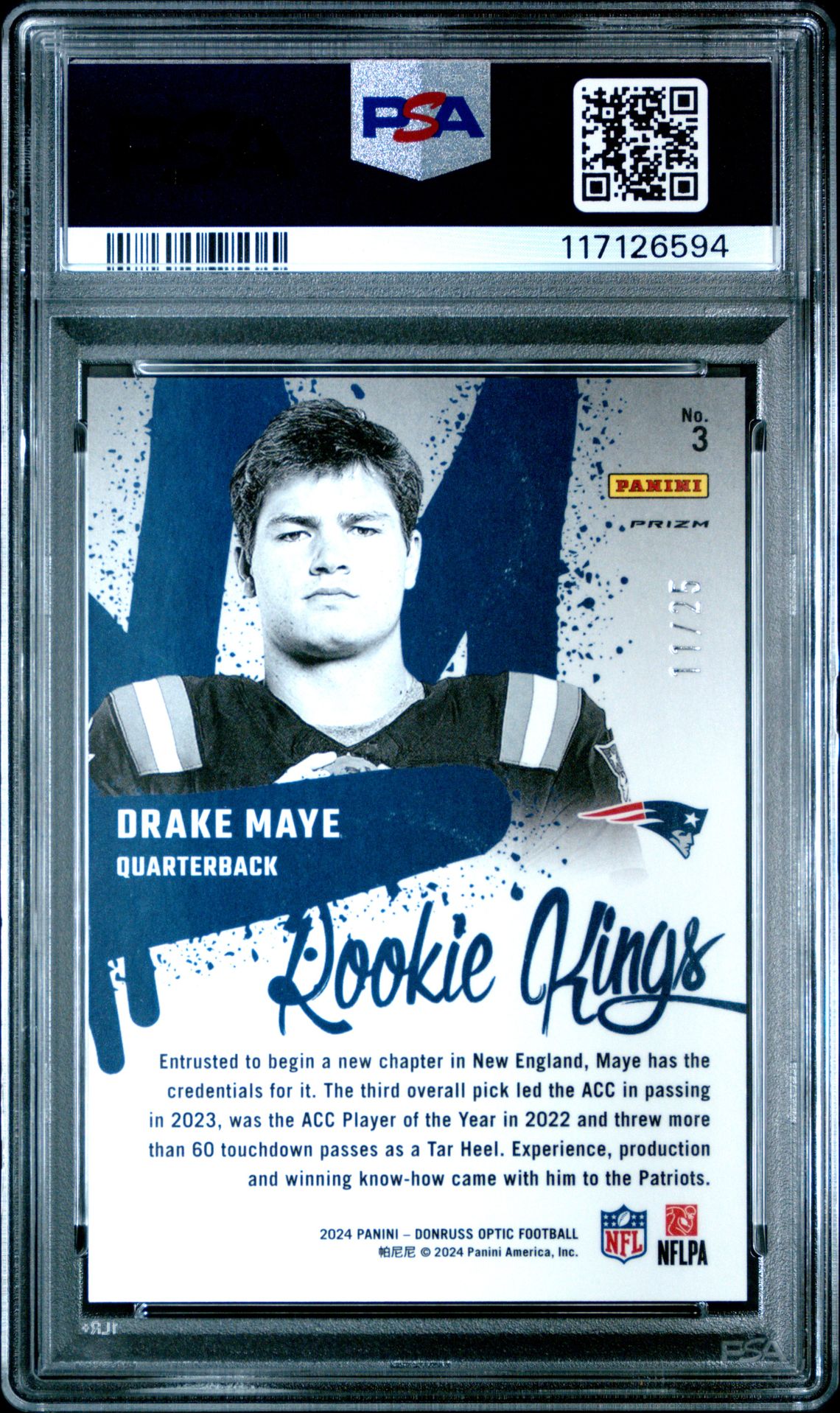2024 Panini Donruss Optic Rookie Kings Drake Maye #3 (Rookie Kings-Black Pandora) Gem Mt 10 back
