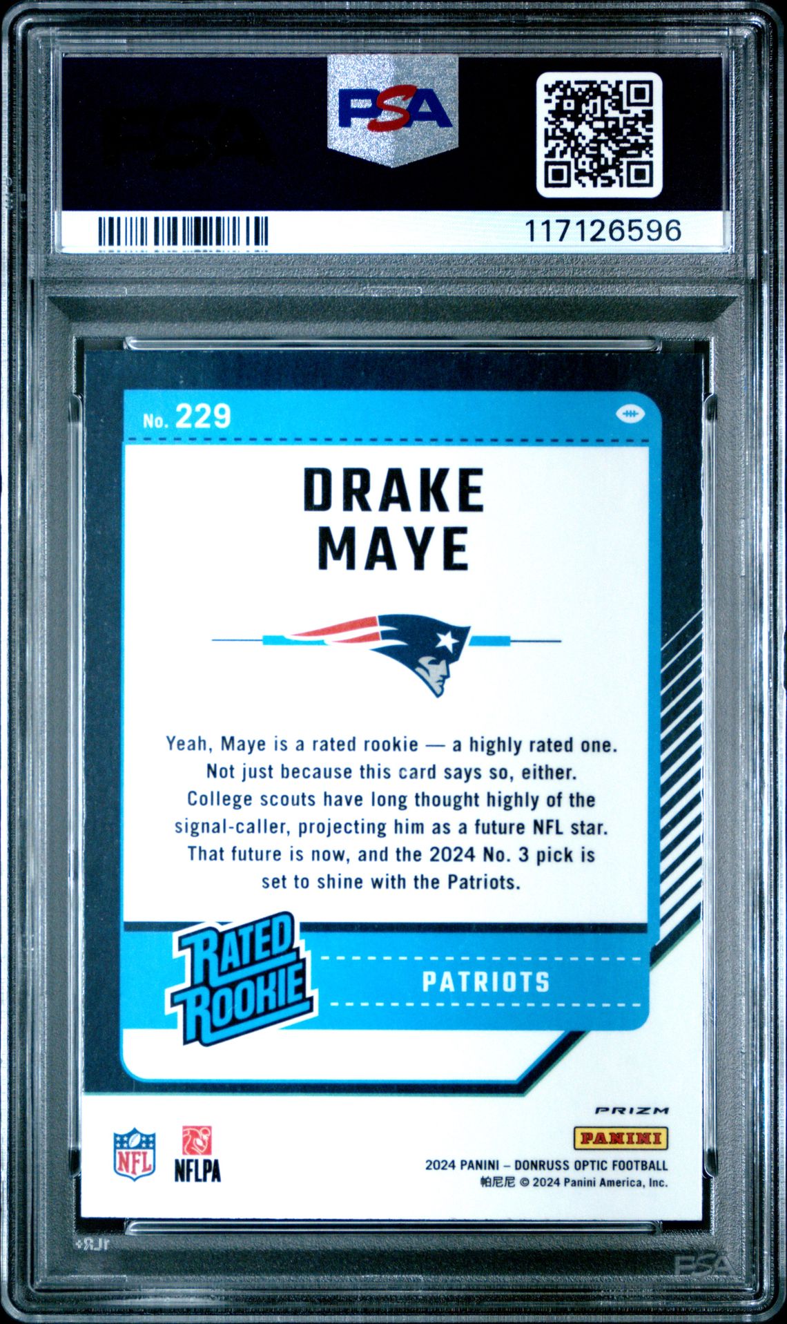 2024 Panini Donruss Optic Drake Maye #229 (Holo) Gem Mt 10 back