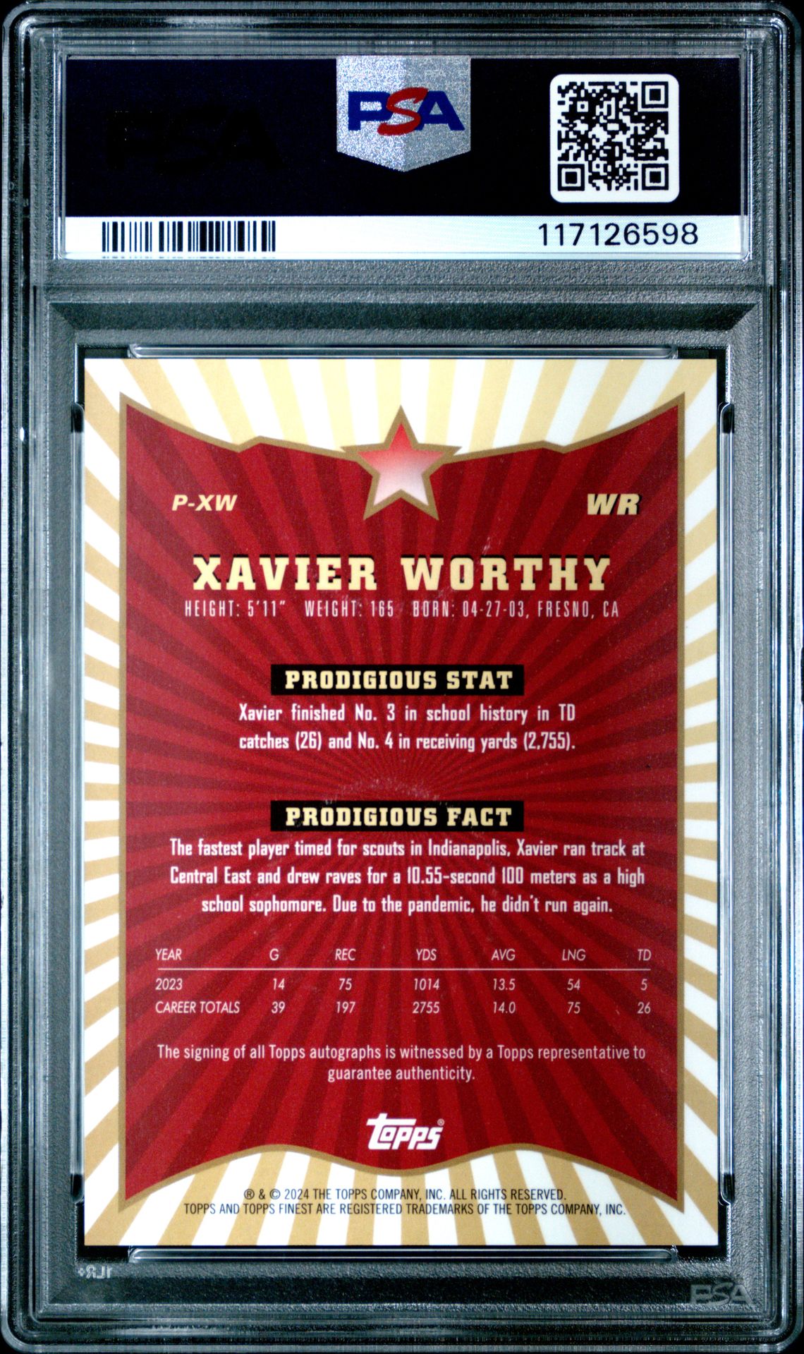 2024 Topps Finest Prodigies Autographs Xavier Worthy #Pxw (Prodigies Auto-Black Ref) Gem Mt 10 back