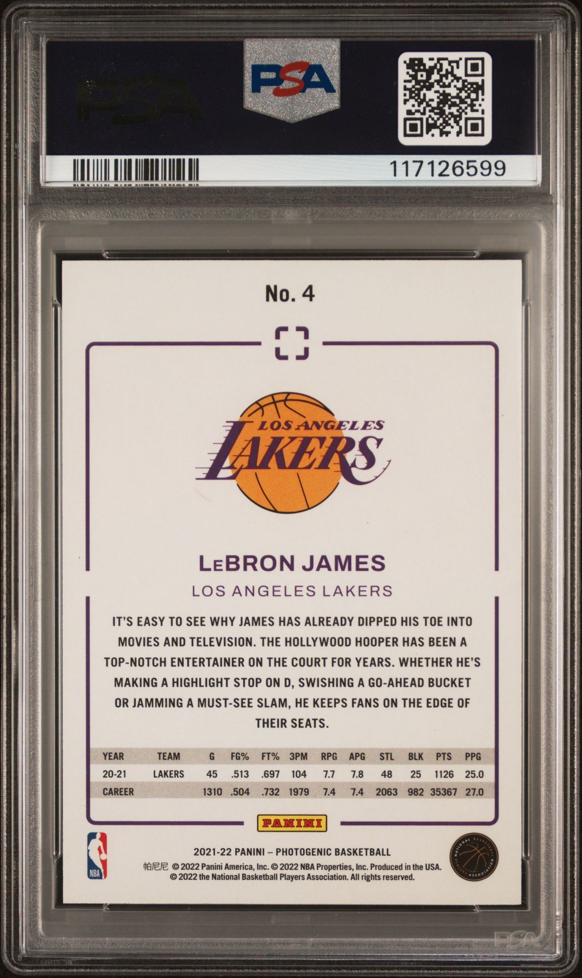 2021 Panini Photogenic Lebron James #4 Mint 9 back