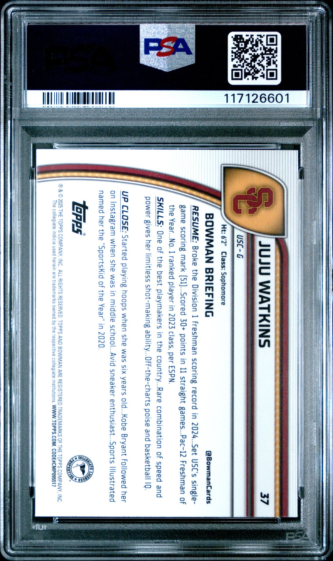 2024 Bowman Chrome University Juju Watkins #37 (Green Shimmer) Gem Mt 10 back