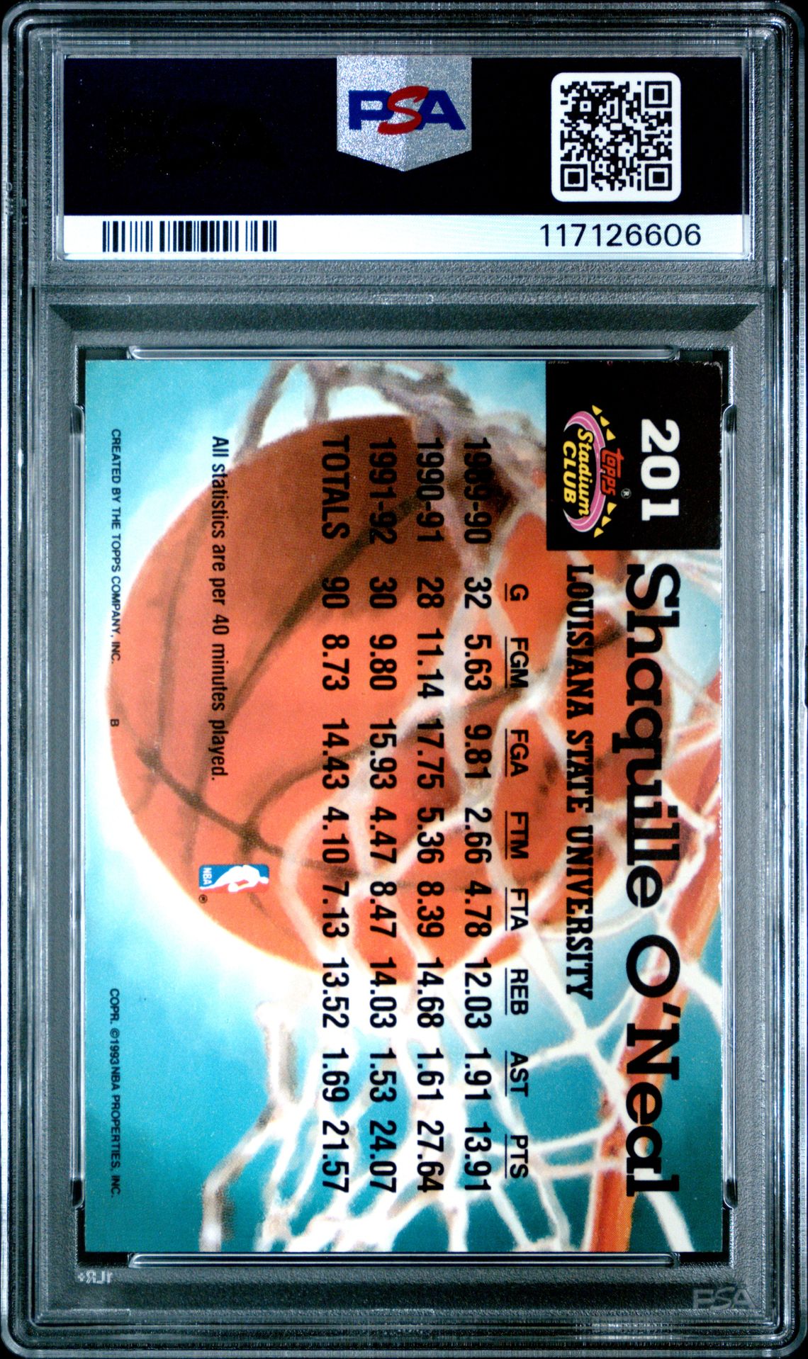 1992 Stadium Club Shaquille O'neal #201 Mint 9 back