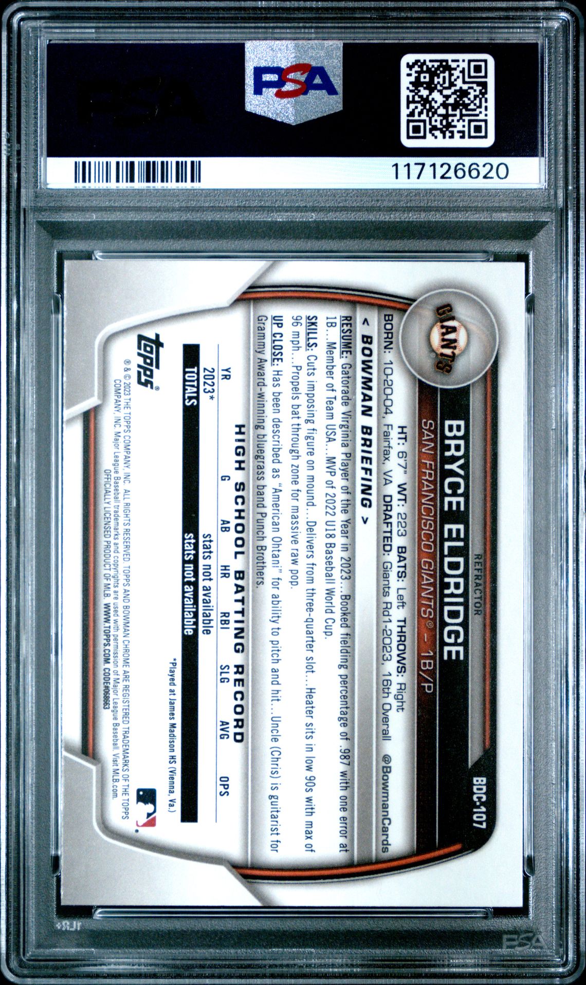 2023 Bowman Draft Bryce Eldridge #Bdc107 (Chrome-Refractor) Mint 9 back