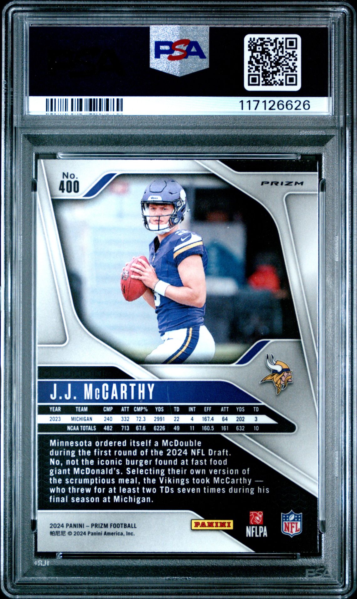 2024 Panini Prizm Jj Mccarthy #400 (Lazer Prizm) Gem Mt 10 back