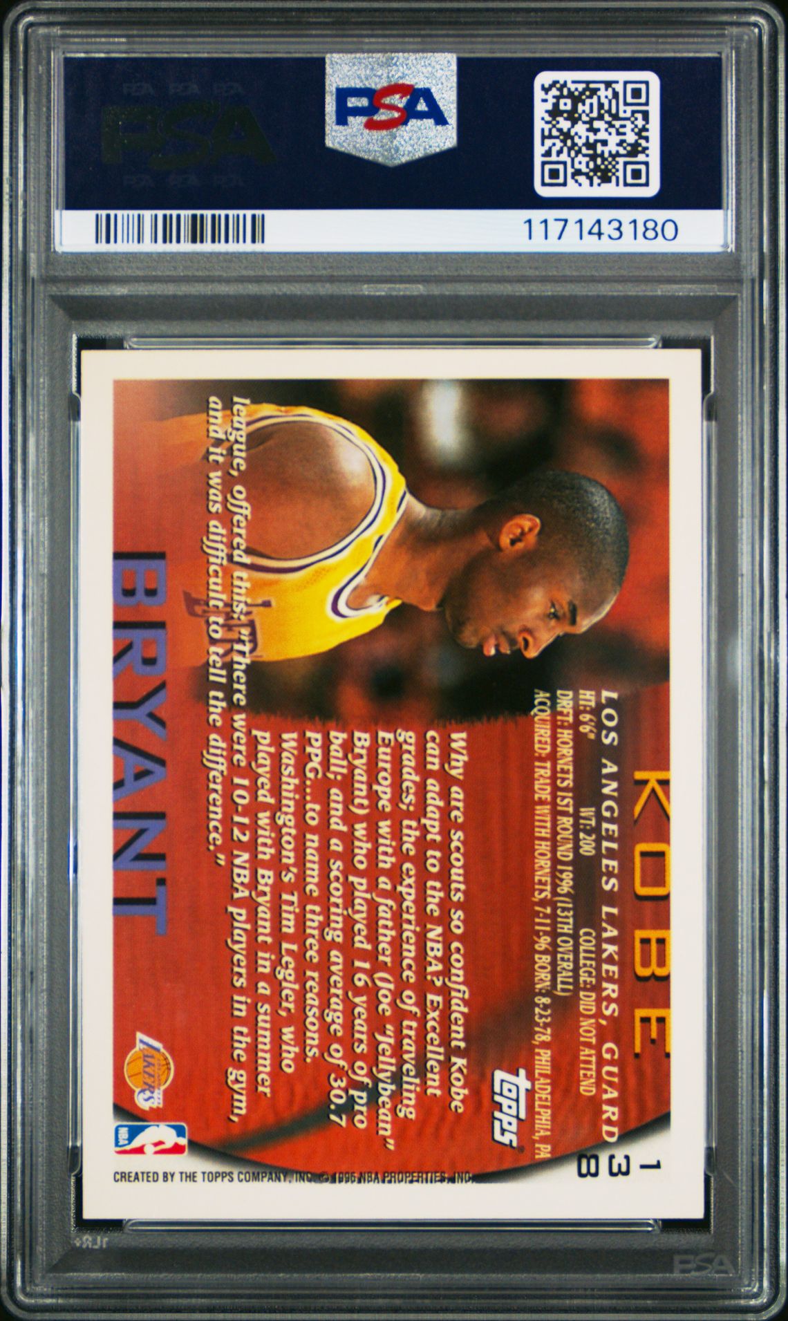 1996 Topps Kobe Bryant #138 Mint 9 back