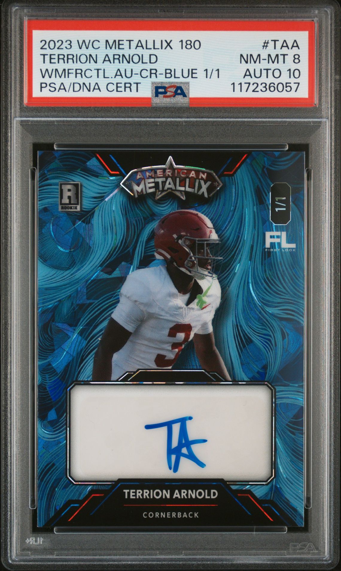 2023 WILD CARD AMERICAN METALLIX PROMO PRO-LOOK 180 WILDMEGAFRACTAL AUTOGRAPHS WMFRCTL.AU-CR-BLUE 1/1 #TAA Terrion Arnold front