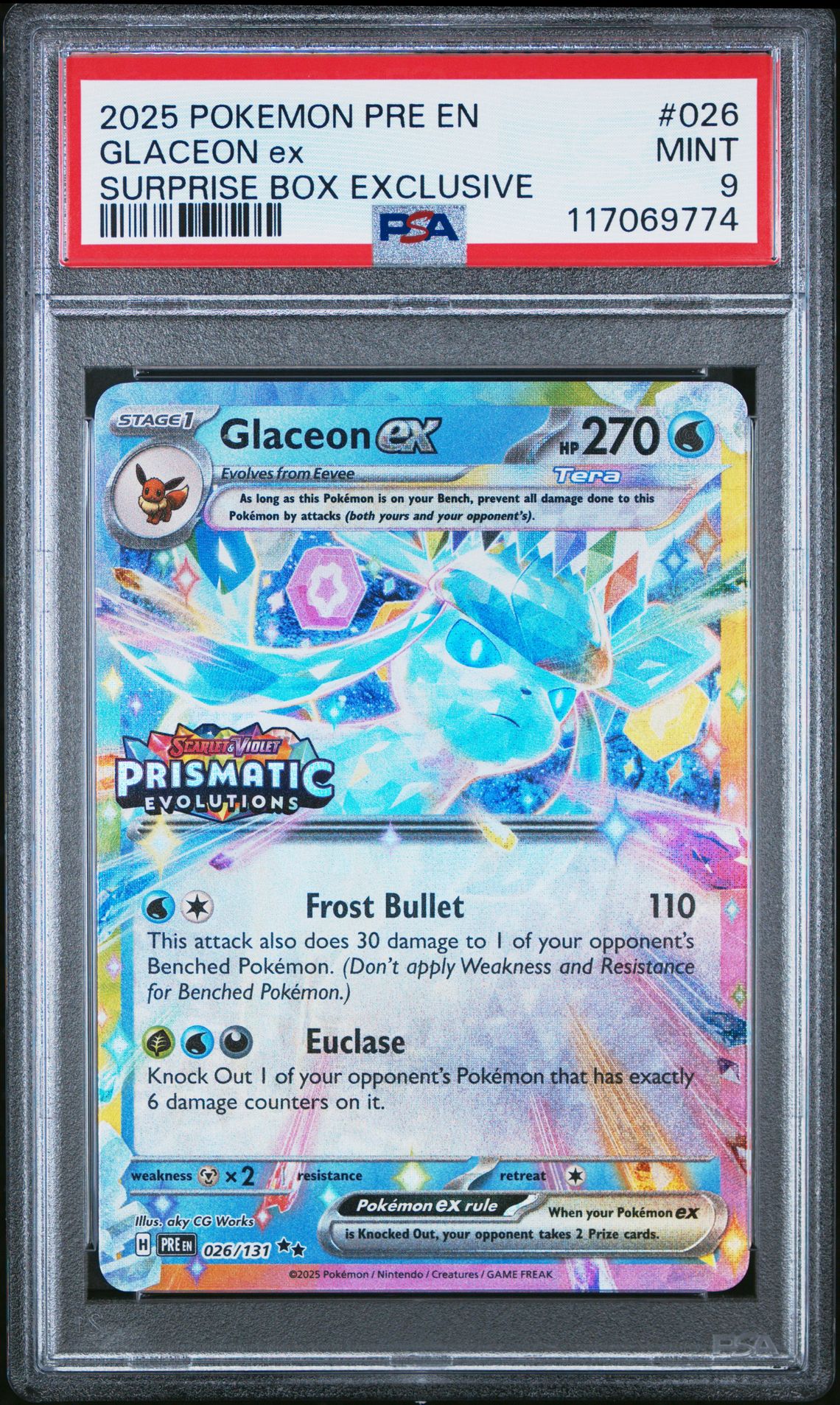 2025 Pokemon Pre En-Prismatic Evolutions Glaceon Ex #026 (Surprise Box Exclusive) Mint 9 front