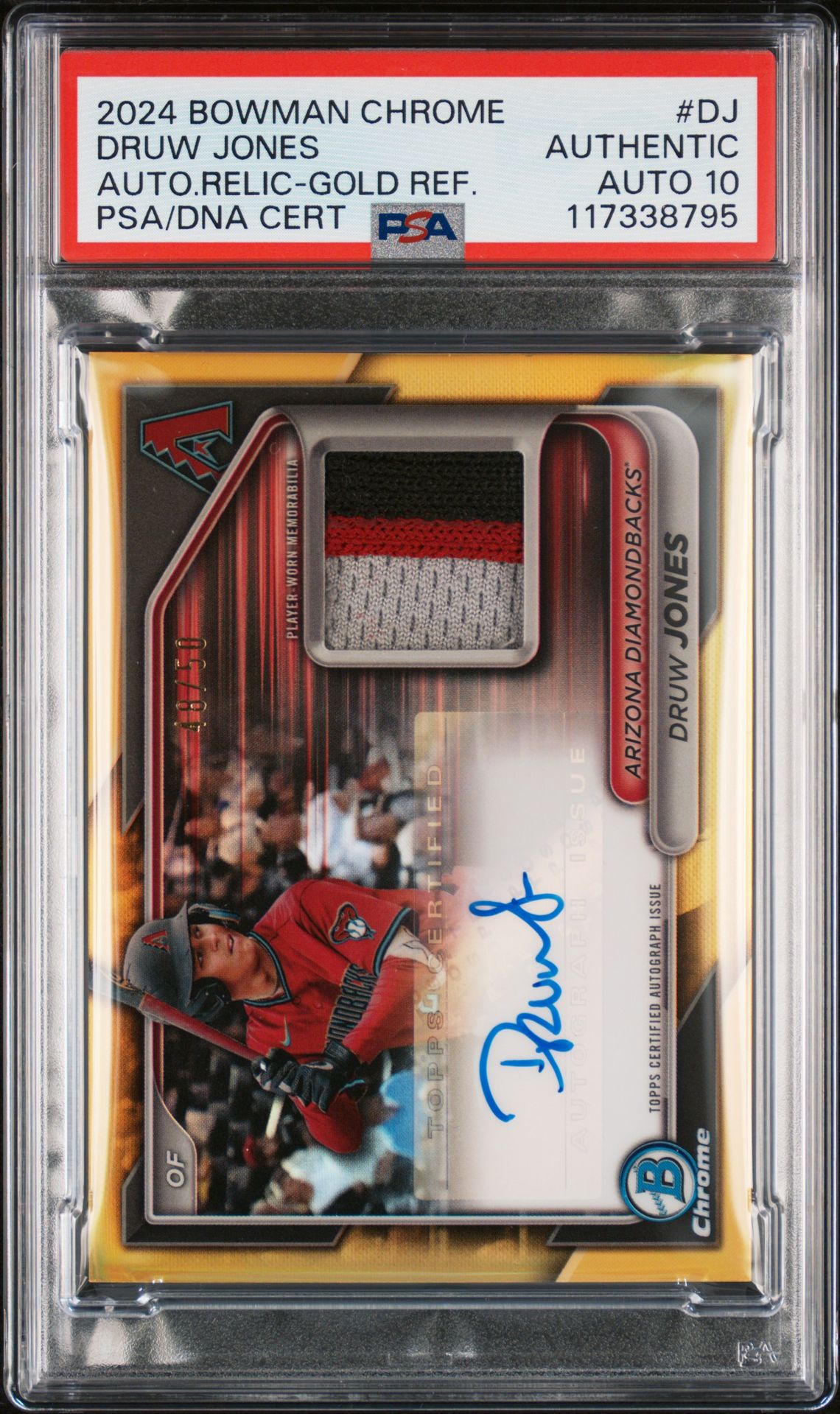 2024 Bowman Chrome Chrome Autograph Relics Druw Jones #Dj (Auto.relic-Gold Ref.) N0: Authentic front