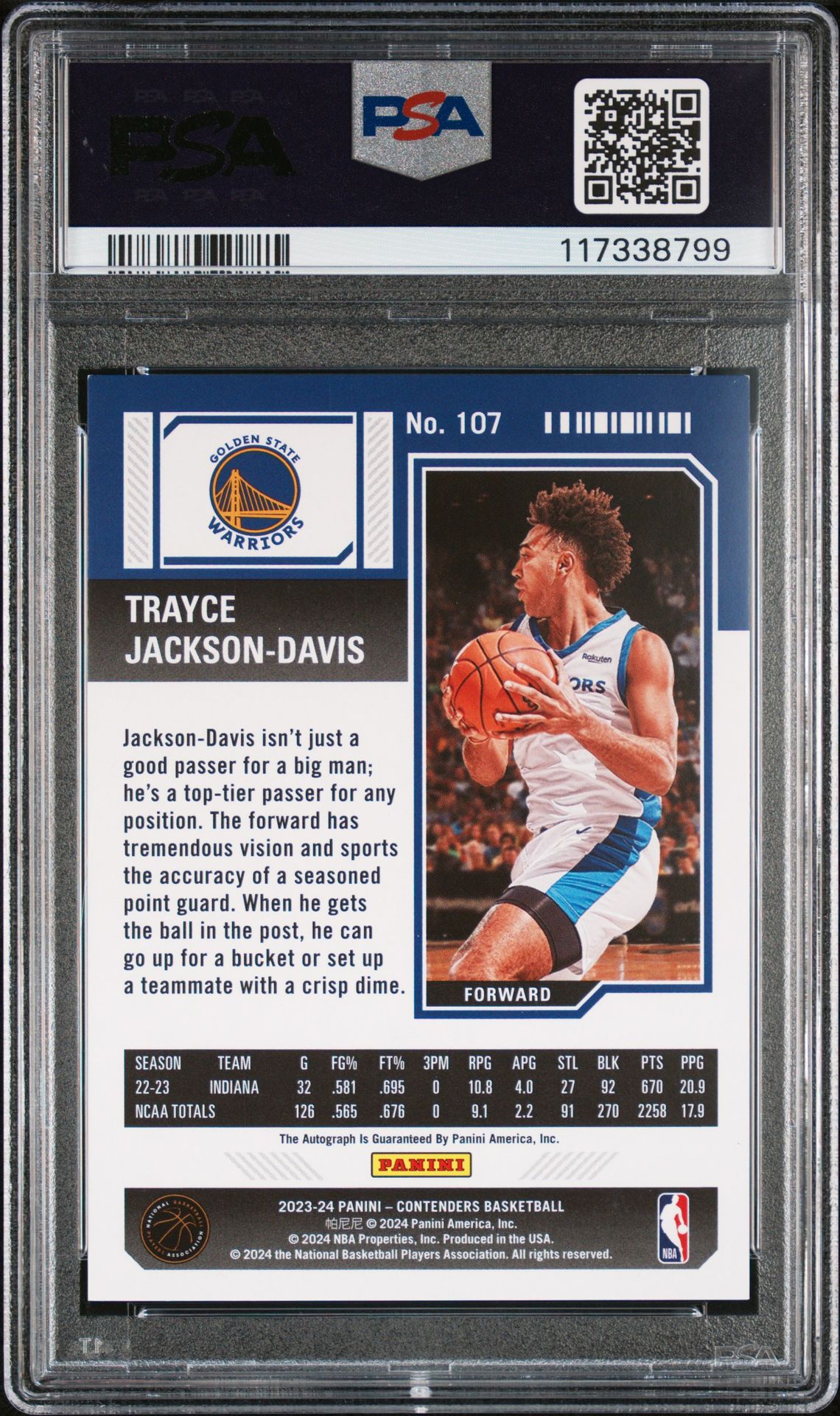 2023 Panini Contenders Trayce Jackson-Davis #107 (Autograph-Playoff) N0: Authentic back