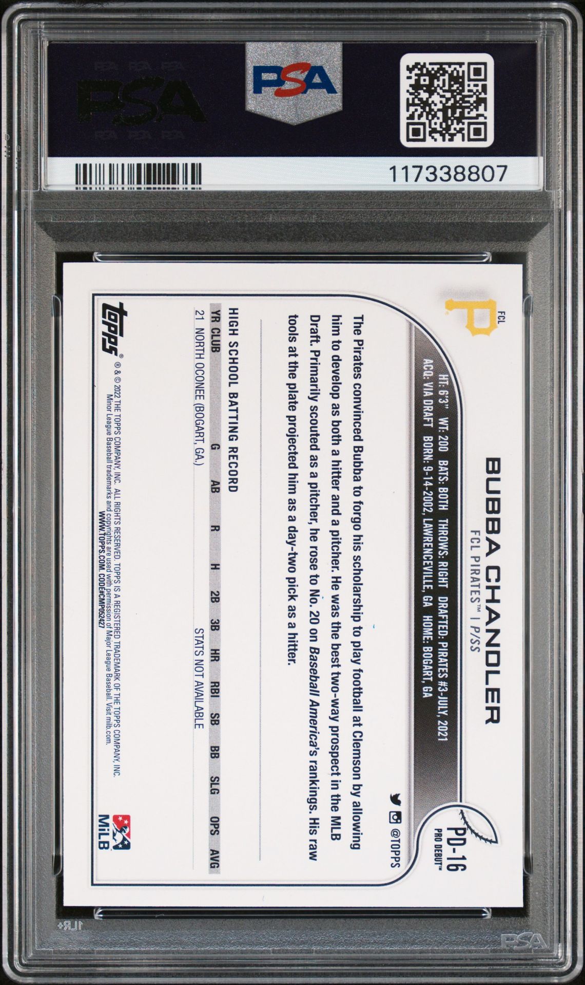 2022 Topps Pro Debut Bubba Chandler #Pd16 N0: Authentic back