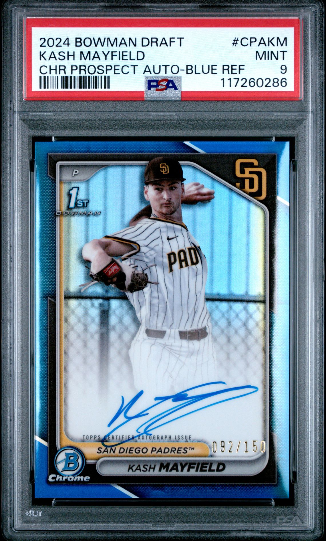 2024 Bowman BOWMAN DRAFT CHROME PROSPECT AUTOGRAPHS CHR PROSPECT AUTO-BLUE REF #CPAKM Kash Mayfield front