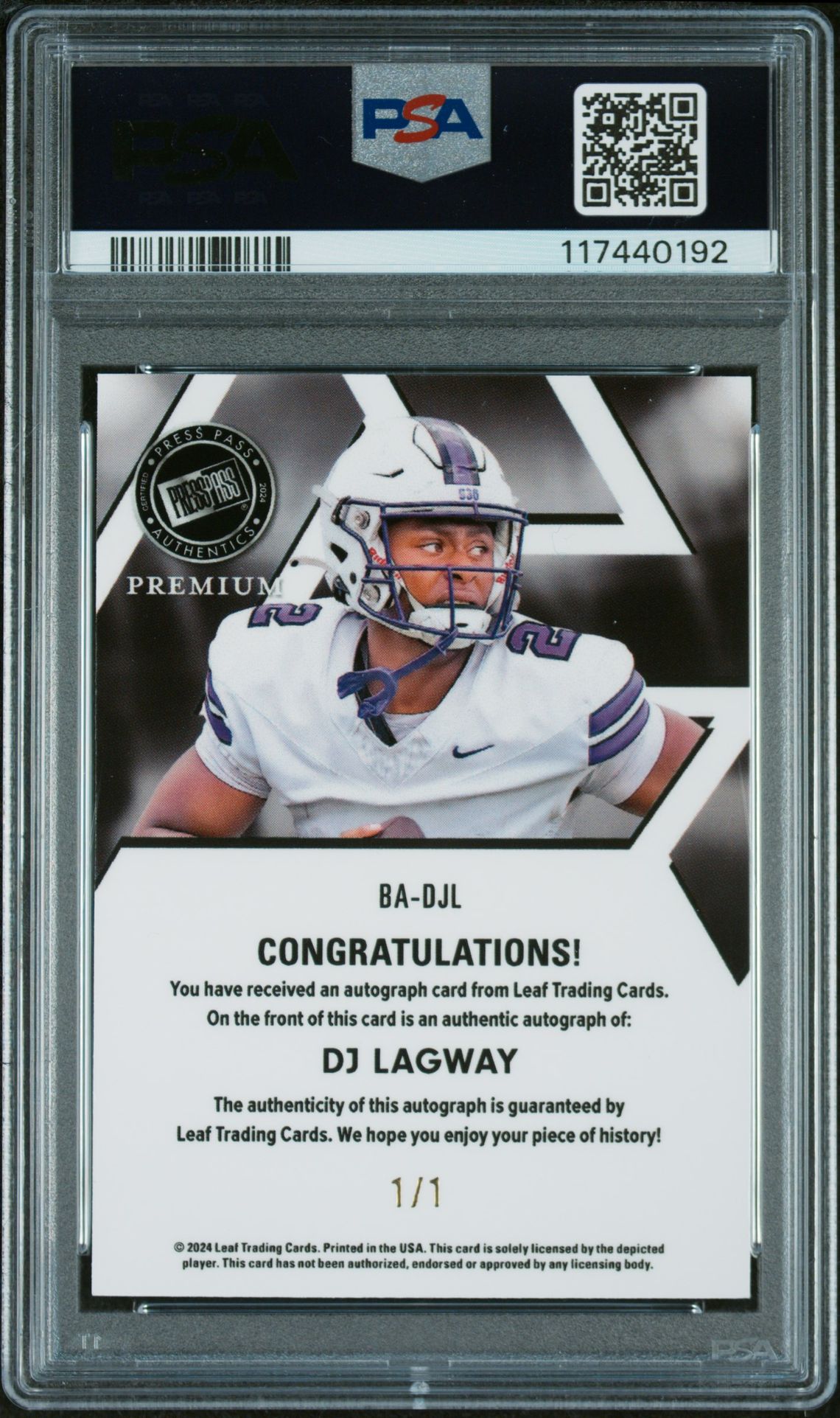 2024 Leaf Press Pass Premium Autographs D.j. Lagway #Badjl (Auto-Super Gold 1/1) Mint 9 back