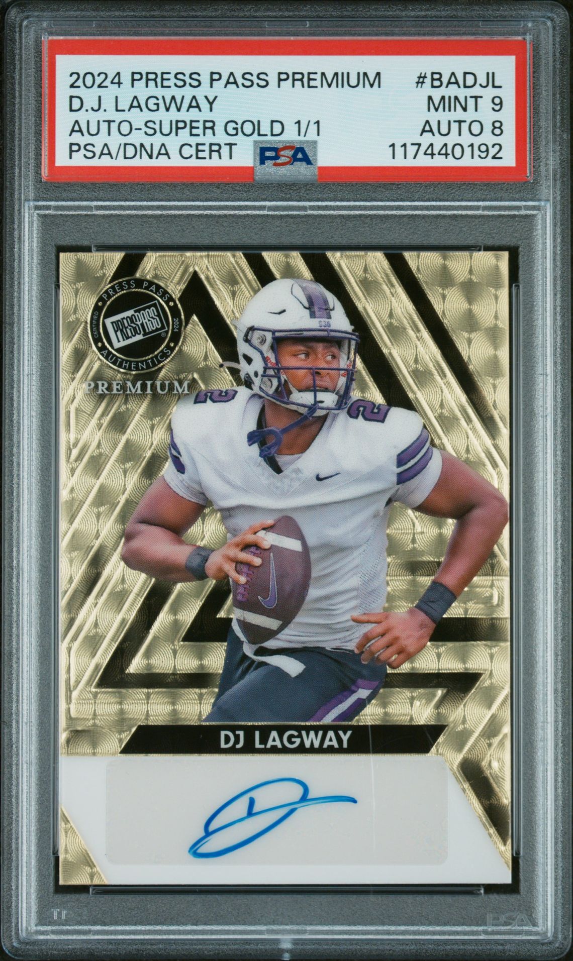 2024 Leaf Press Pass Premium Autographs D.j. Lagway #Badjl (Auto-Super Gold 1/1) Mint 9 front