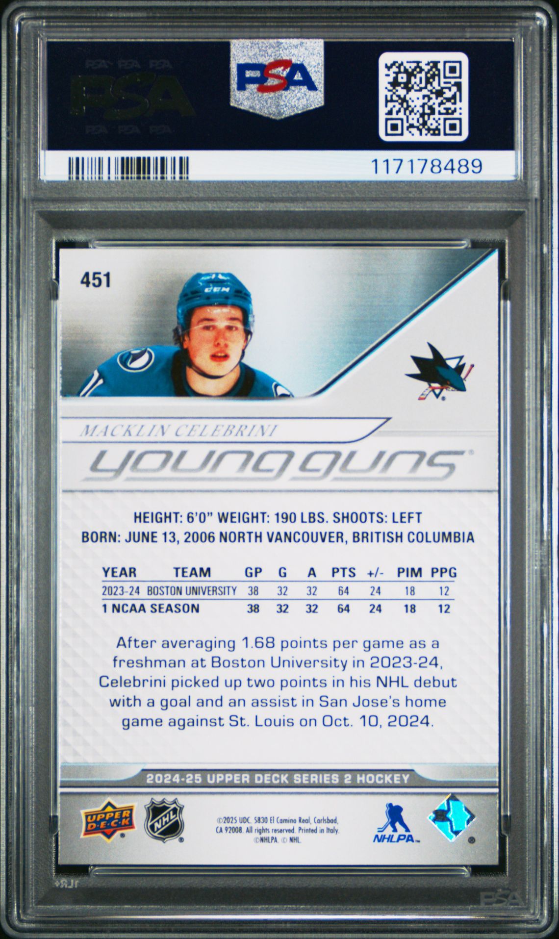 2024 Upper Deck Macklin Celebrini #451 Gem Mt 10 back