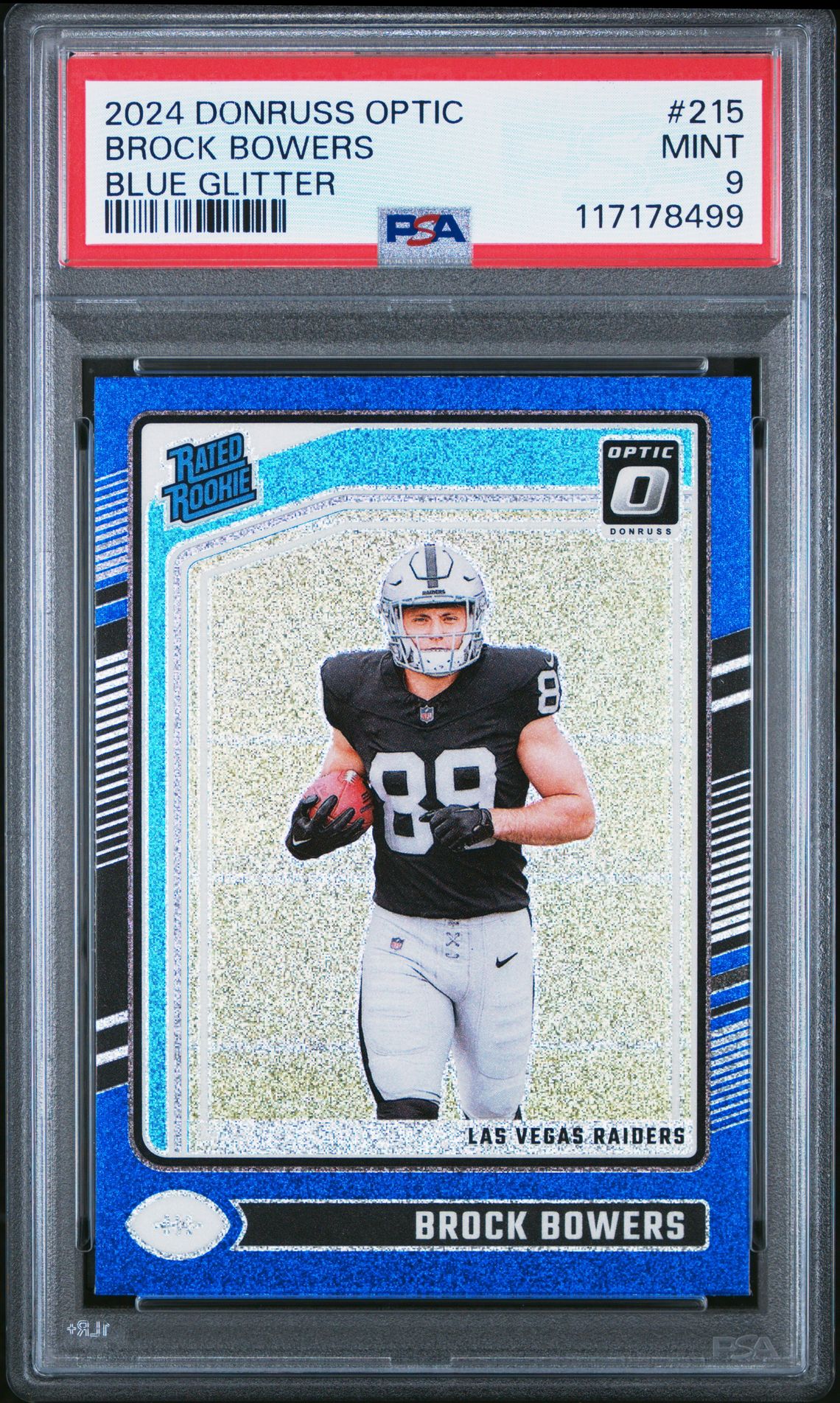 2024 Panini Donruss Optic Brock Bowers #215 (Blue Glitter) Mint 9 front