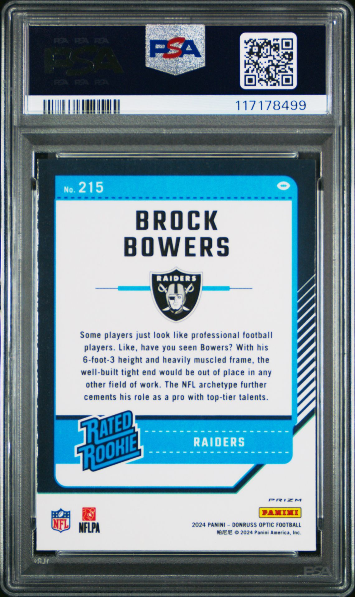 2024 Panini Donruss Optic Brock Bowers #215 (Blue Glitter) Mint 9 back