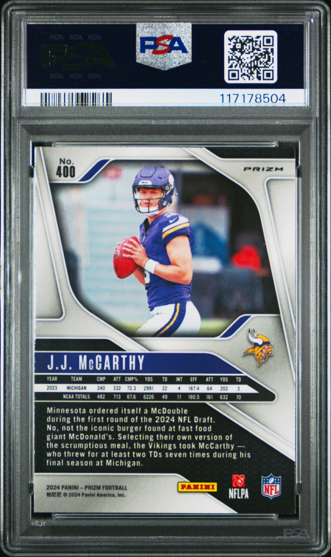 2024 Panini Prizm Jj Mccarthy #400 (Purple Pulsar) Gem Mt 10 back
