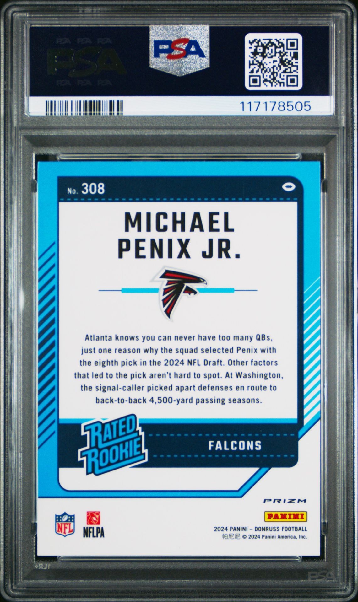 2024 Panini Donruss Michael Penix Jr. #308 (Optic Preview-Blue Scope) Mint 9 back