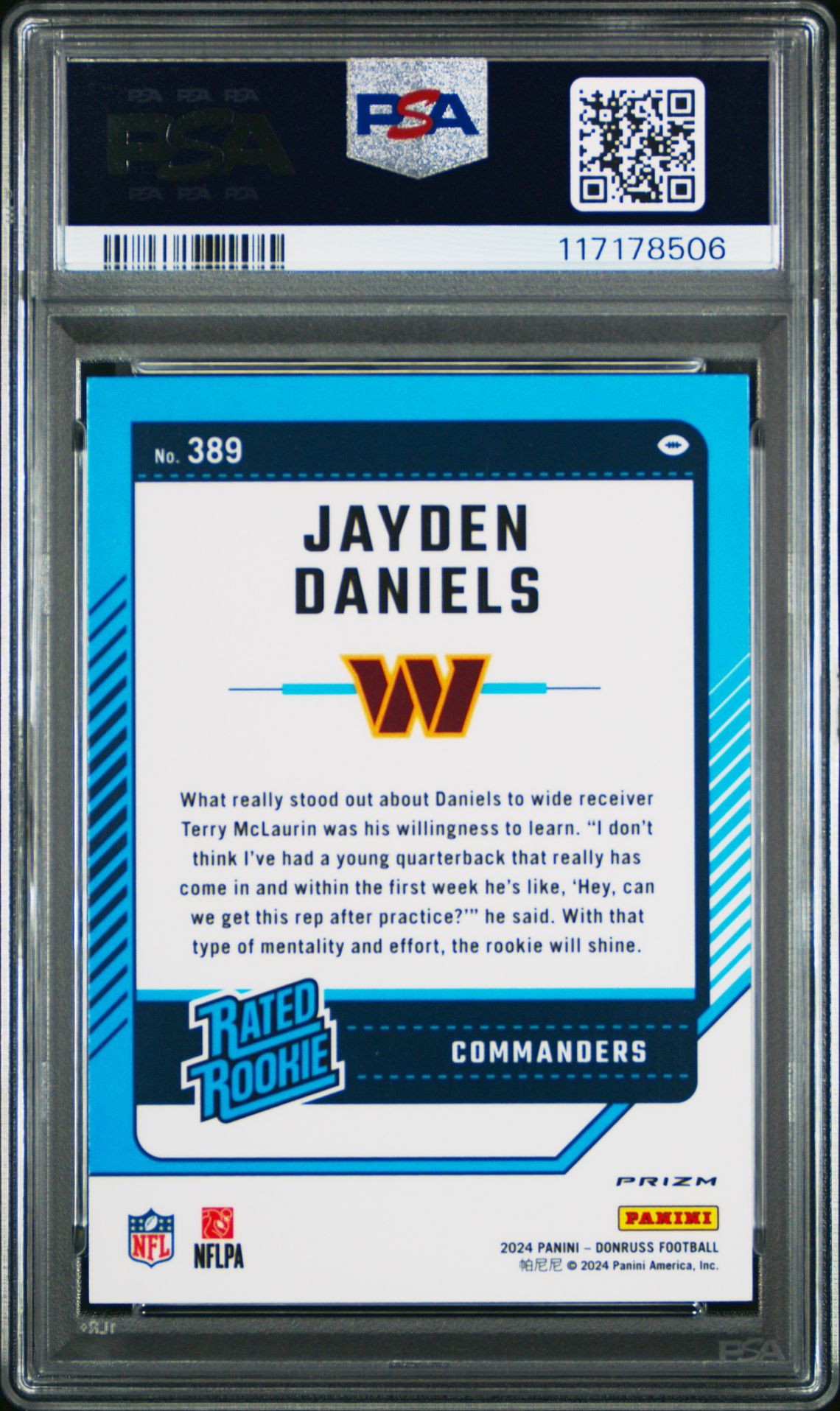 2024 Panini Donruss Jayden Daniels #389 (Optic Preview-Pink) Gem Mt 10 back