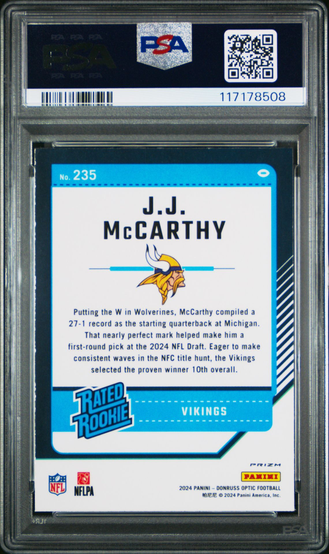 2024 Panini Donruss Optic Jj Mccarthy #235 (Purple Shock) Mint 9 back
