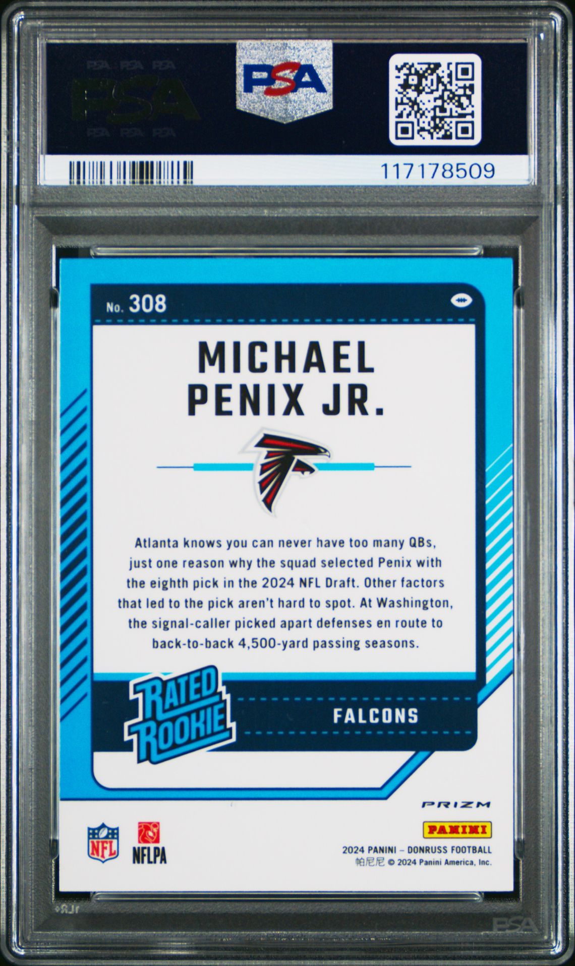 2024 Panini Donruss Michael Penix Jr. #308 (Optic Preview-Blue Scope) Gem Mt 10 back