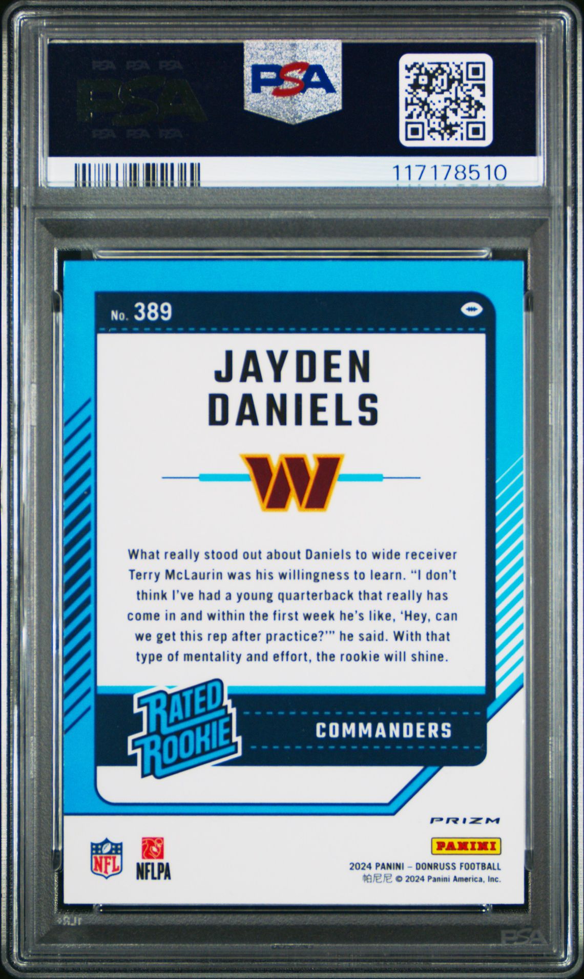 2024 Panini Donruss Jayden Daniels #389 (Optic Preview-Pink) Gem Mt 10 back