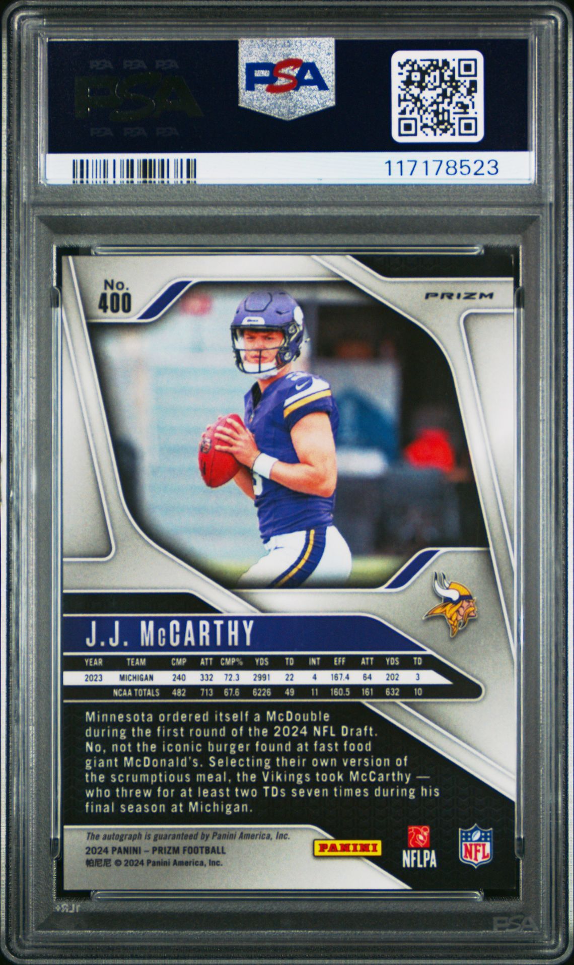 2024 Panini Prizm Jj Mccarthy #400 (Autograph) Mint 9 back