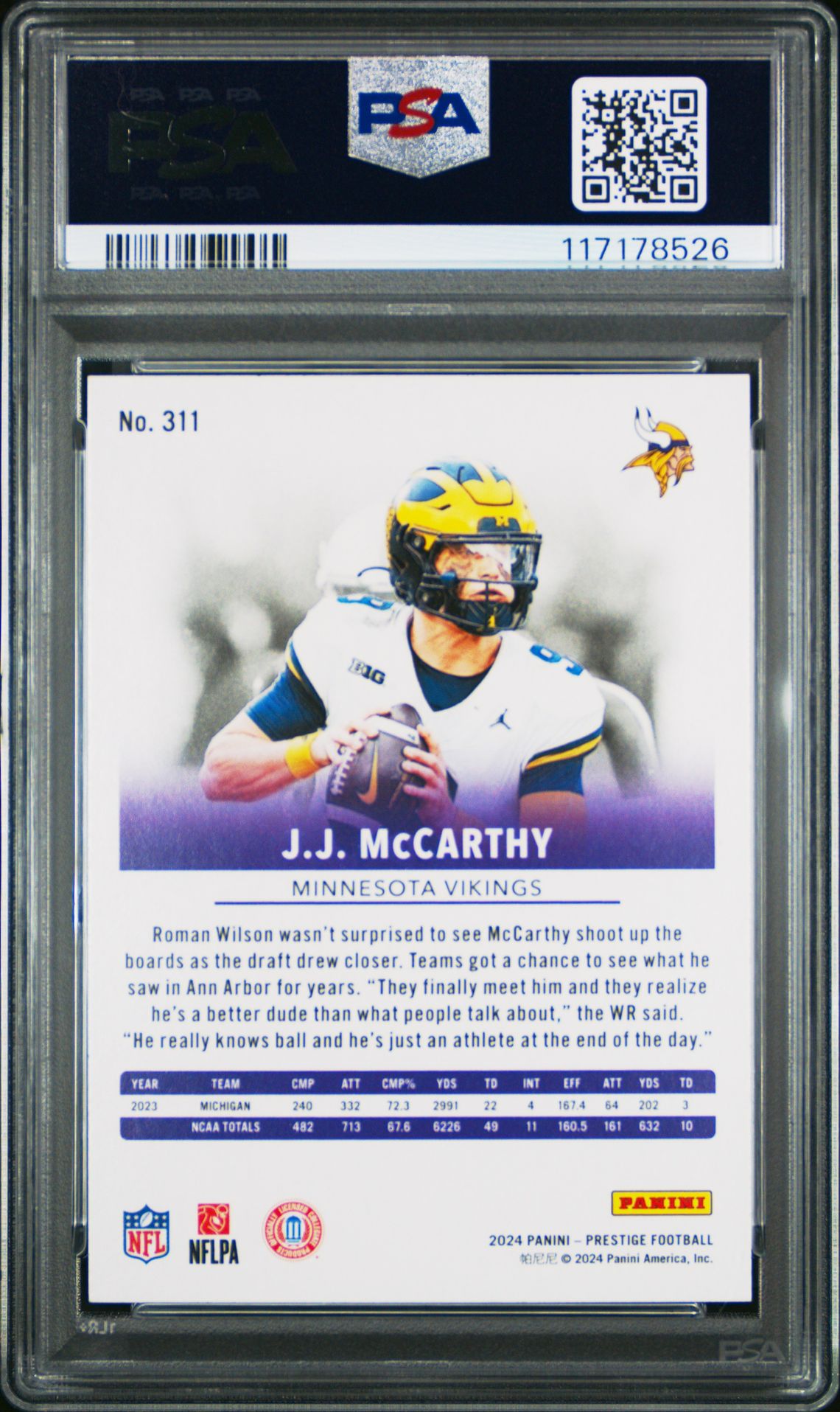 2024 Panini Prestige Jj Mccarthy #311 (Hyper Xtra Points) Gem Mt 10 back