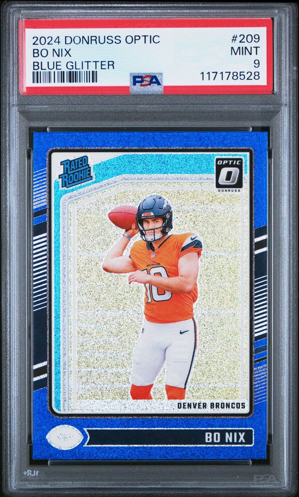2024 Panini Donruss Optic Bo Nix #209 (Blue Glitter) Mint 9 front