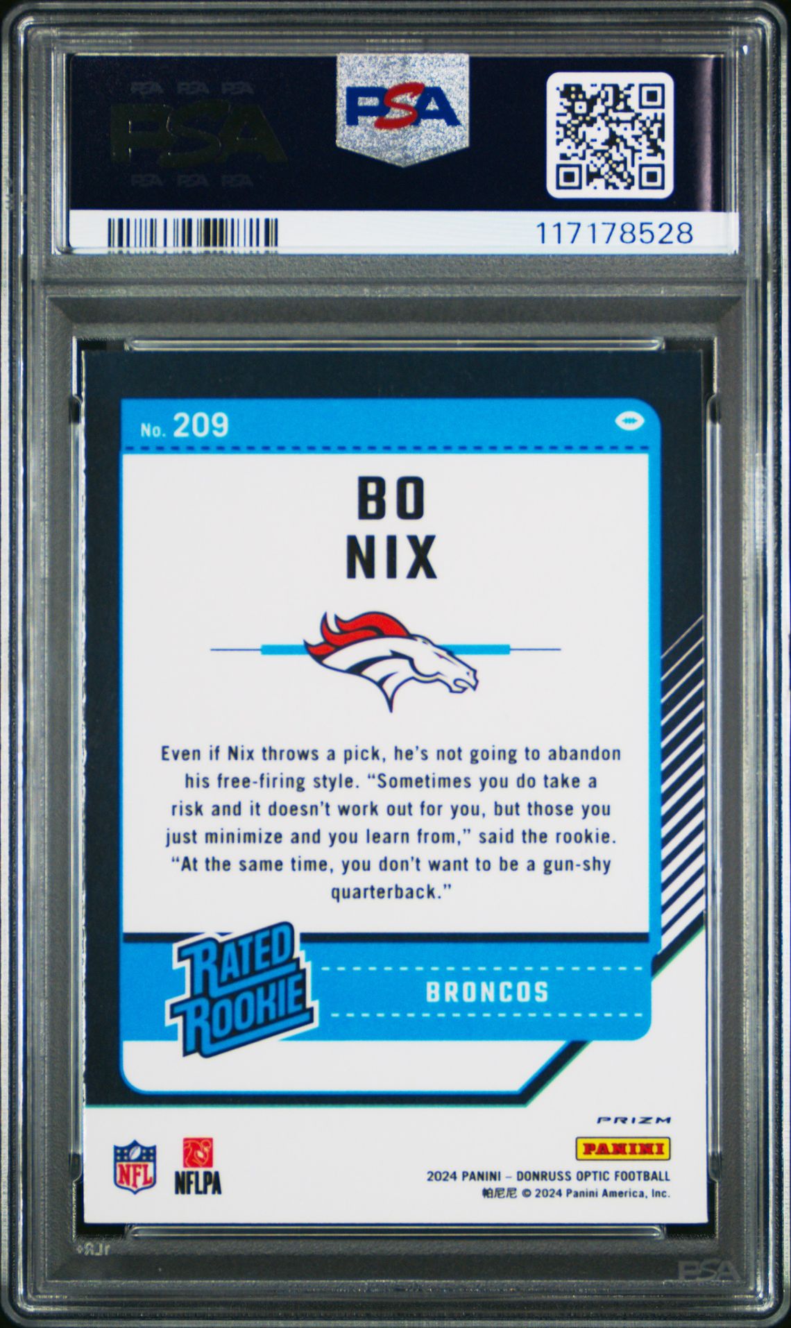 2024 Panini Donruss Optic Bo Nix #209 (Blue Glitter) Mint 9 back