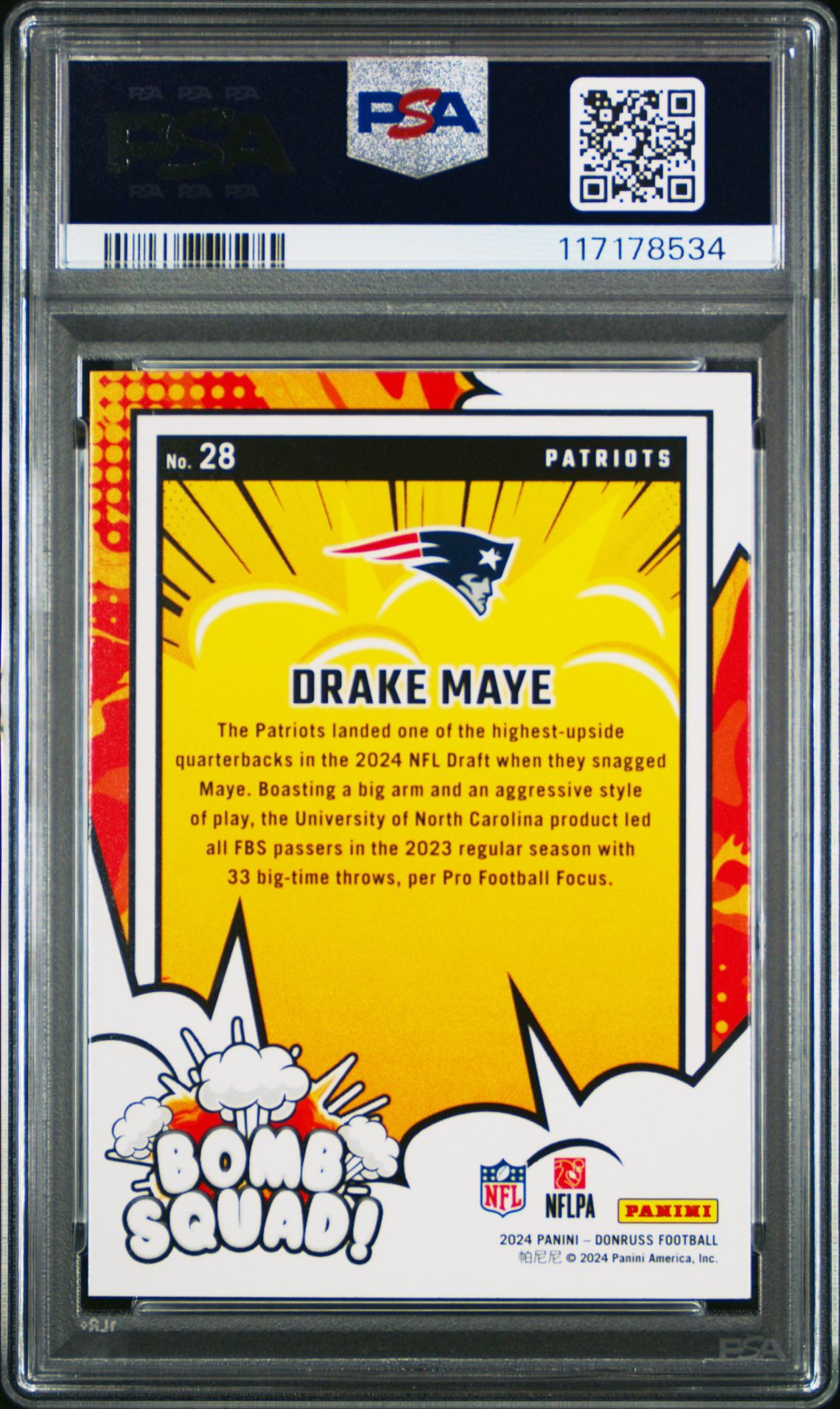 2024 Panini Donruss Bomb Squad Drake Maye #28 Gem Mt 10 back